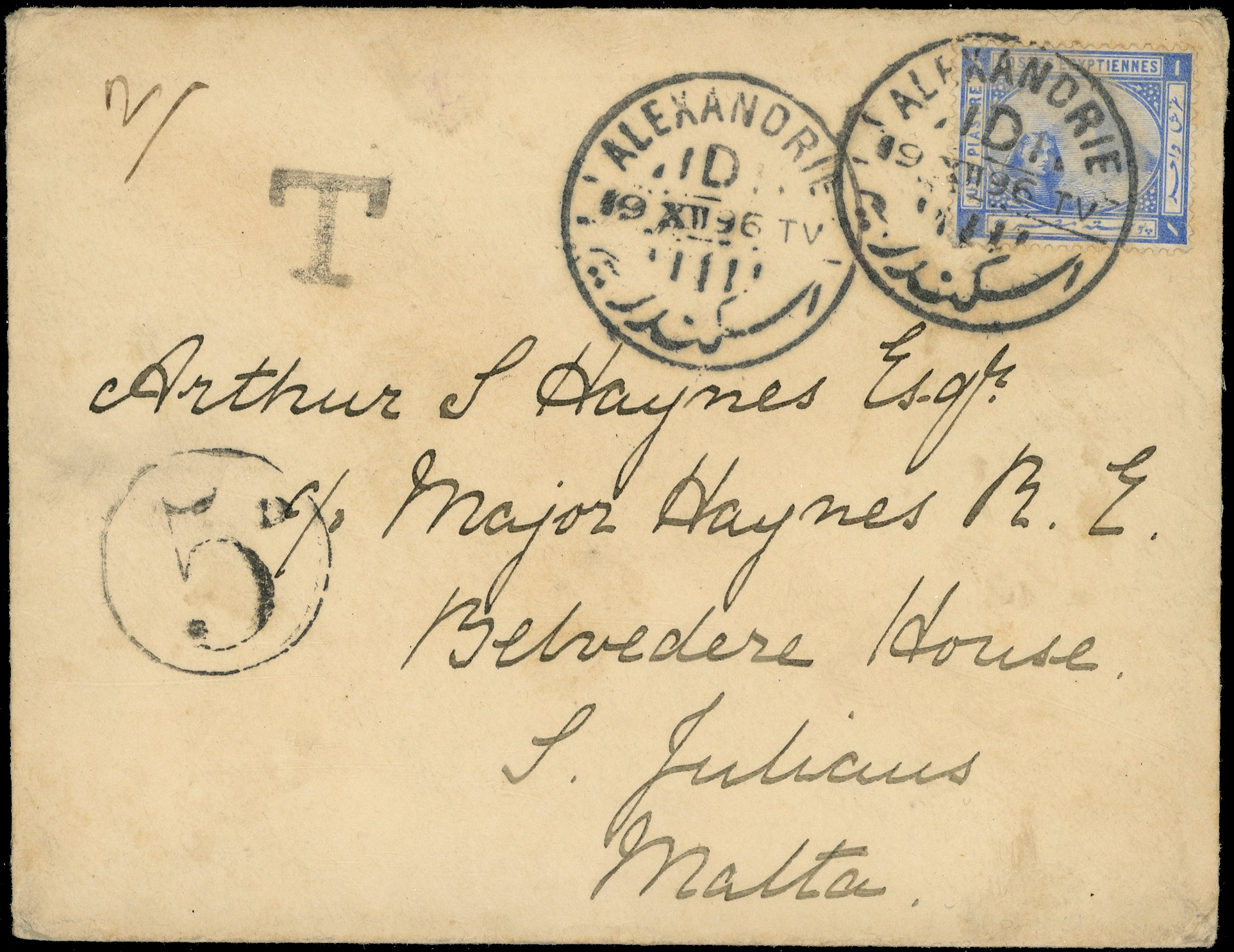 MALTA: 1896 incoming entire from Egypt, franked 1p blue tied Alexandria(19.12) cds bearing 'T' and “5D”