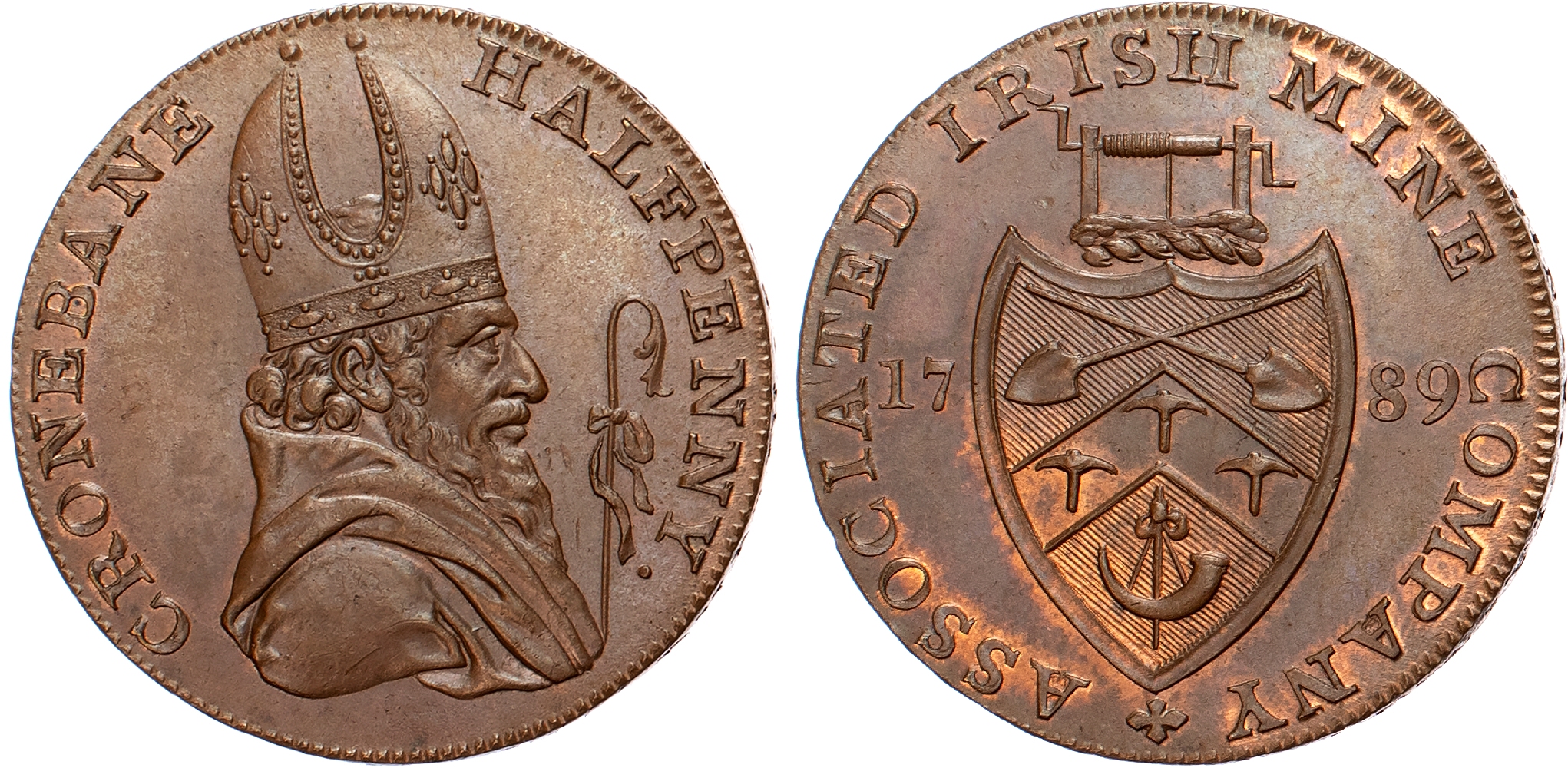 Co. Wick . Cronebane , Associated Irish Mining Co. Halfpenny 1789, Mitred bust of St. Patrick right, rev . Miners’ Arms, …