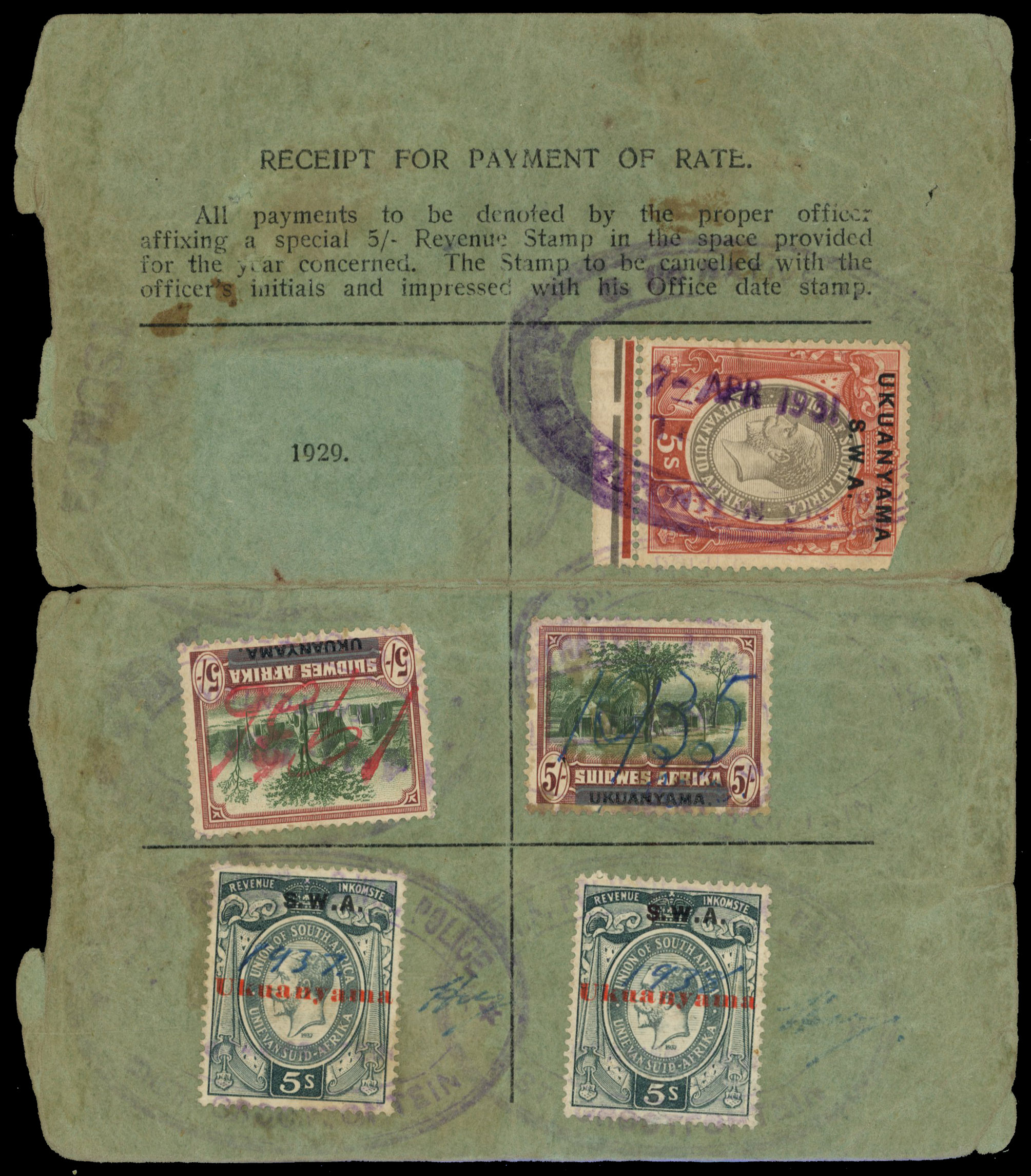 South West Africa. Tribal Taxes; Ukuanyama. A Registration card with payments for 1931 and 1935-1938 