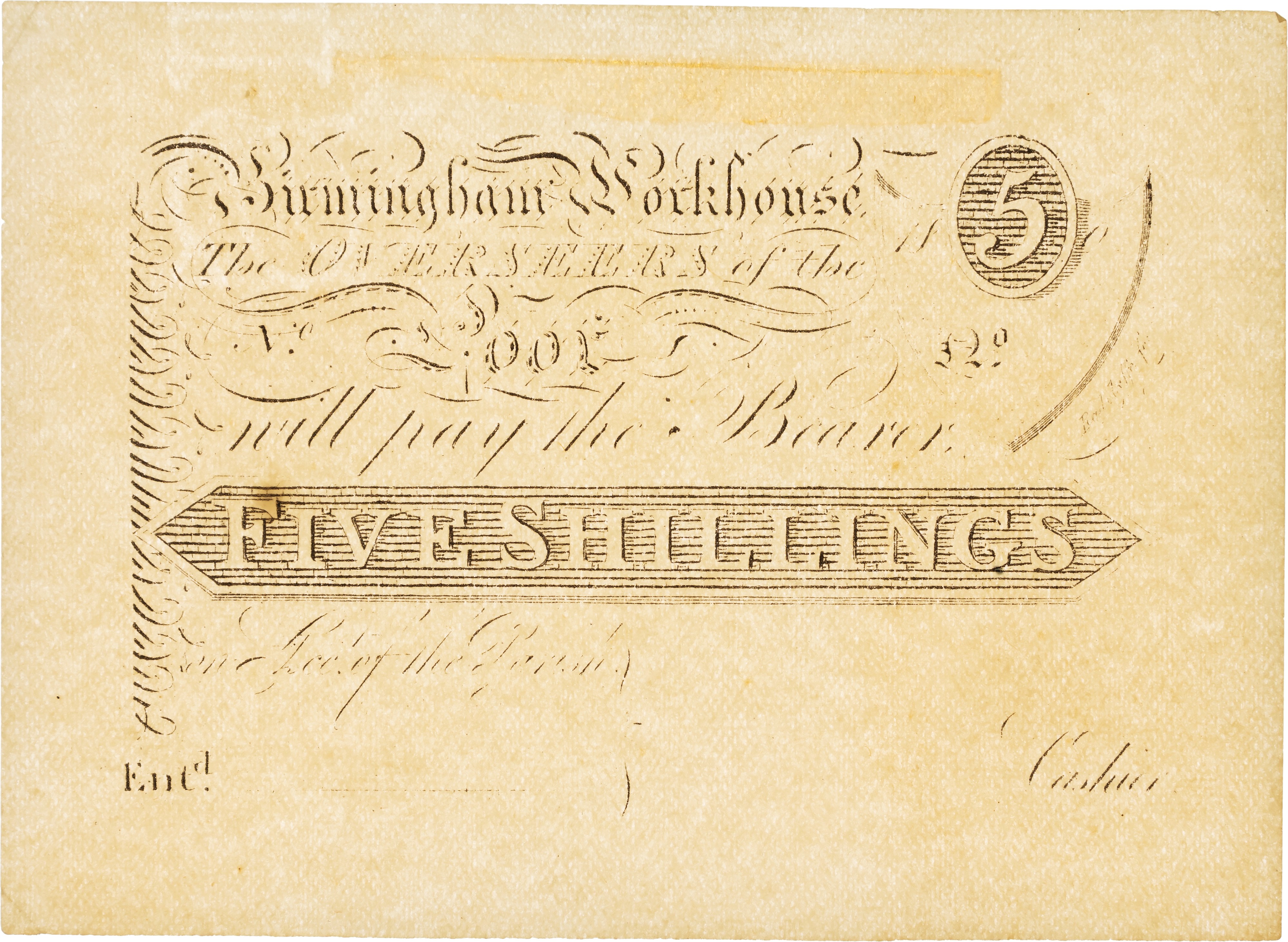 BIRMINGHAM, Warks. Workhouse uniface printed paper Five Shillings, in italic – ‘ The Overseers of the Poor wil…