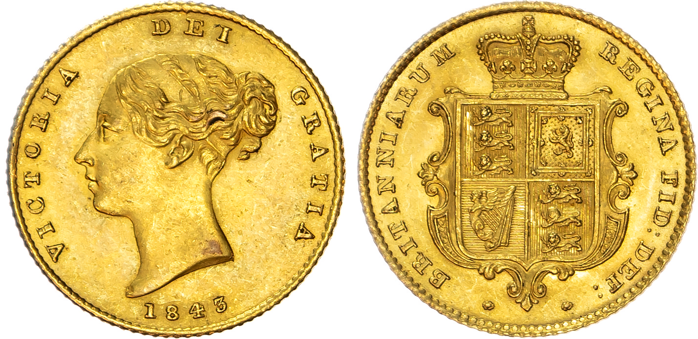 Victoria (1837-1901) Half Sovereign, 1843, type A1.
