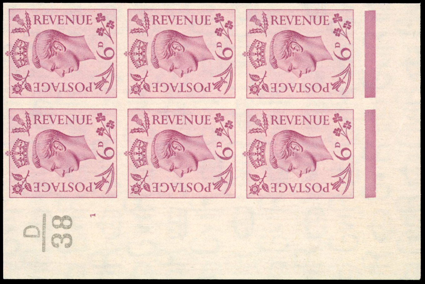 Great Britain 1937 6d Purple, Control Block of Six, BPMA Imprimatur, SG 470