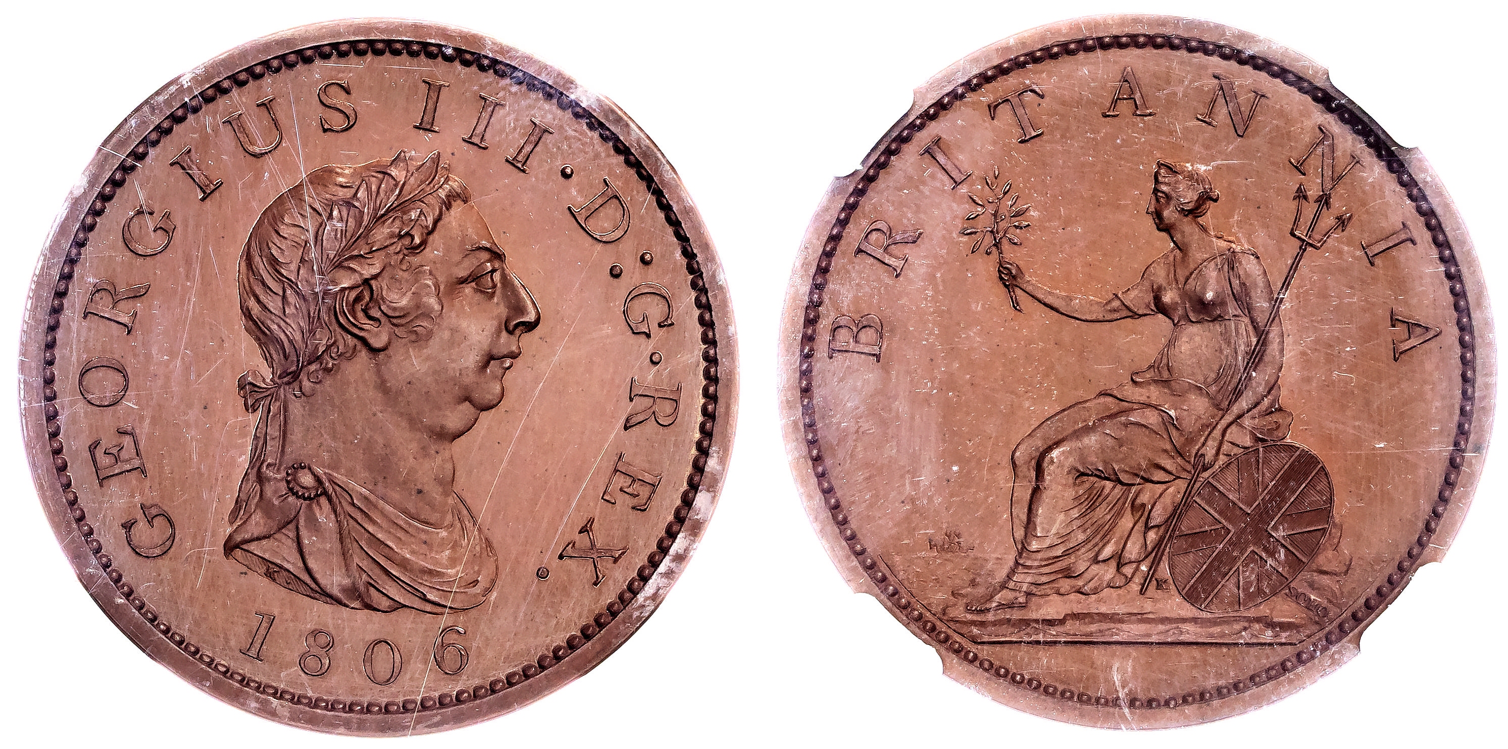 George III (1760-1820), AE Bronzed Proof Penny, 1806, Fourth Copper Issue, Soho (Birmingham) mint. NGC PF 64 BN