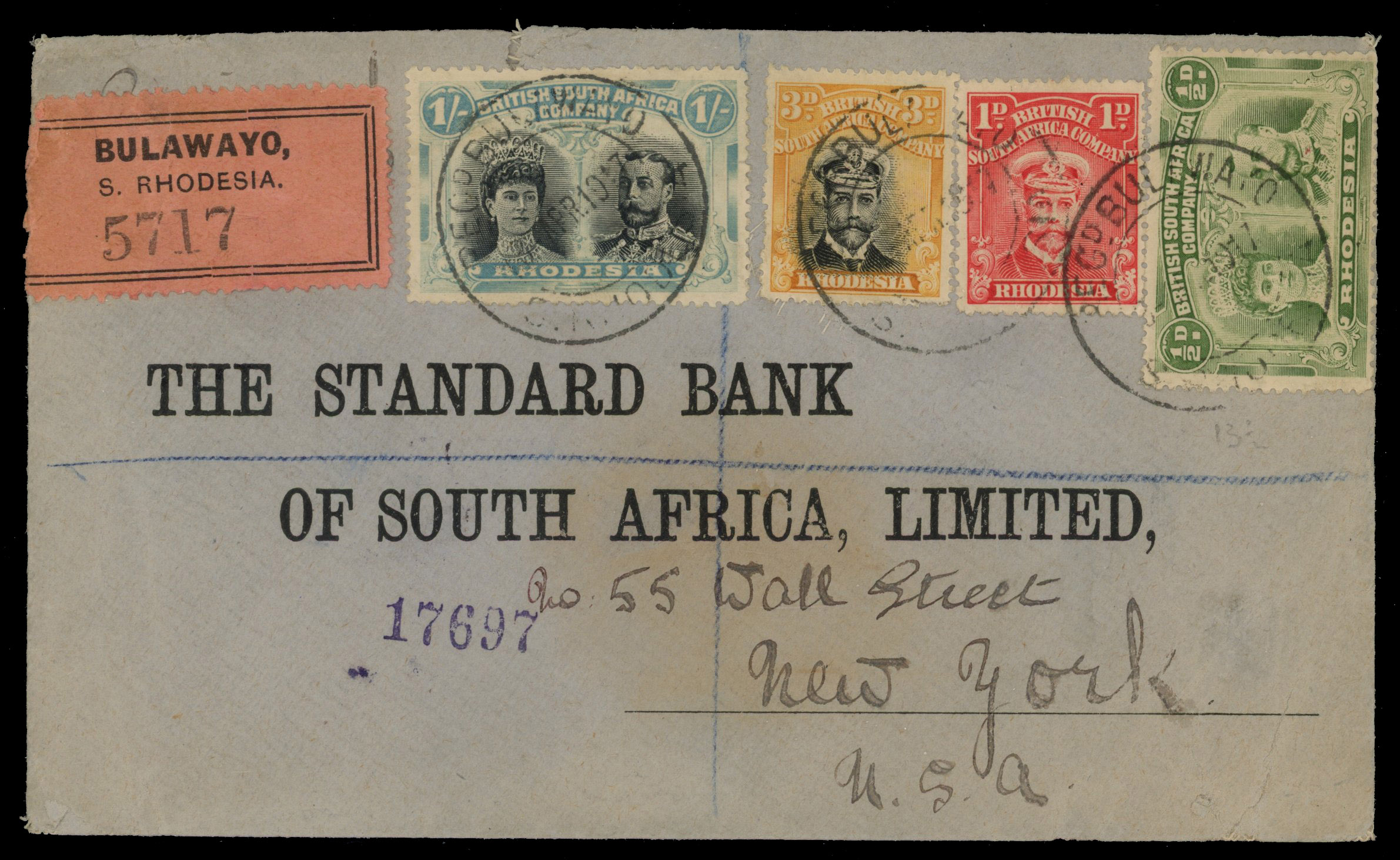 Rhodesia 1917 Bank envelope with Double Head 1/- and others