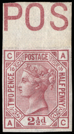 Great Britain 1879 2½d Rosy-mauve Pl.16. Very fine unused o.g. imperforate top marginal imprimatur lettered AC. Ve…
