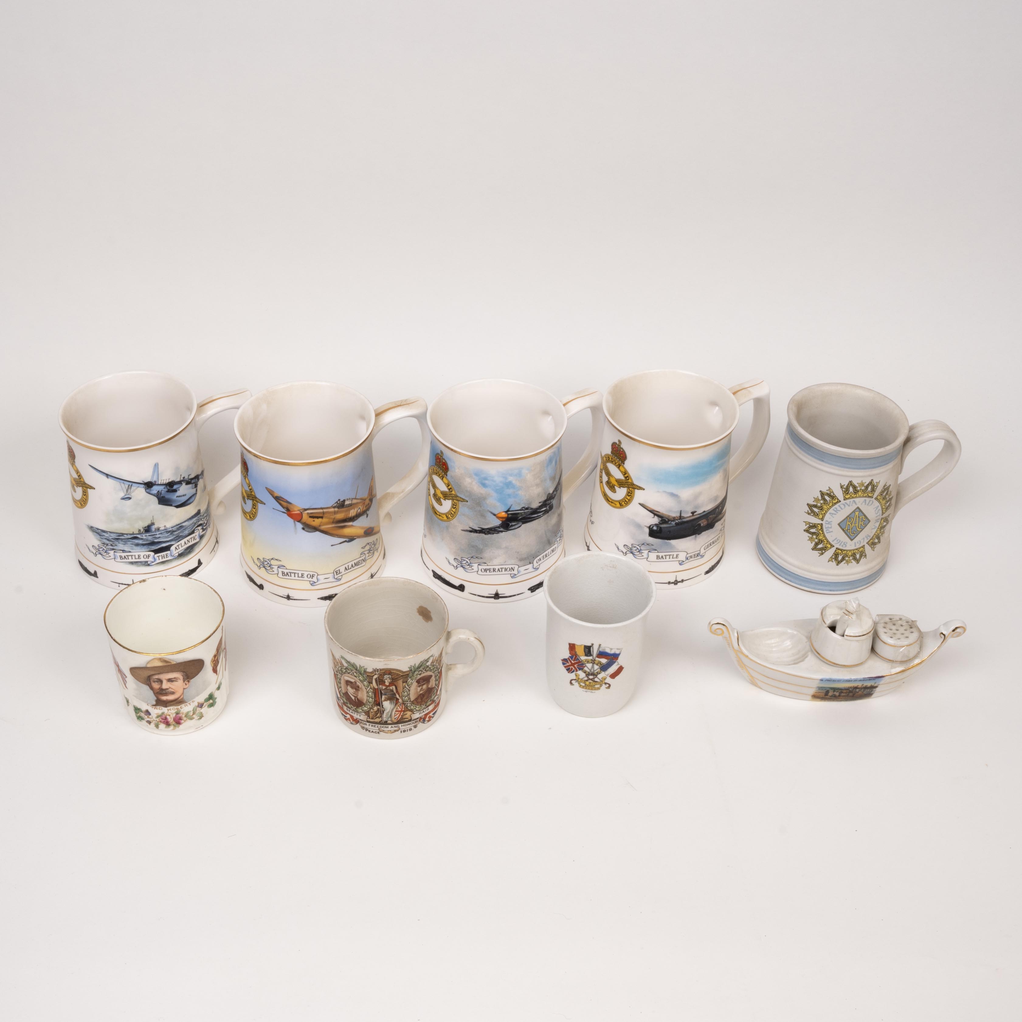 China - collection including RAF commemorative tankard set, cups, condiment boats, thimbles etc.  (16 items)