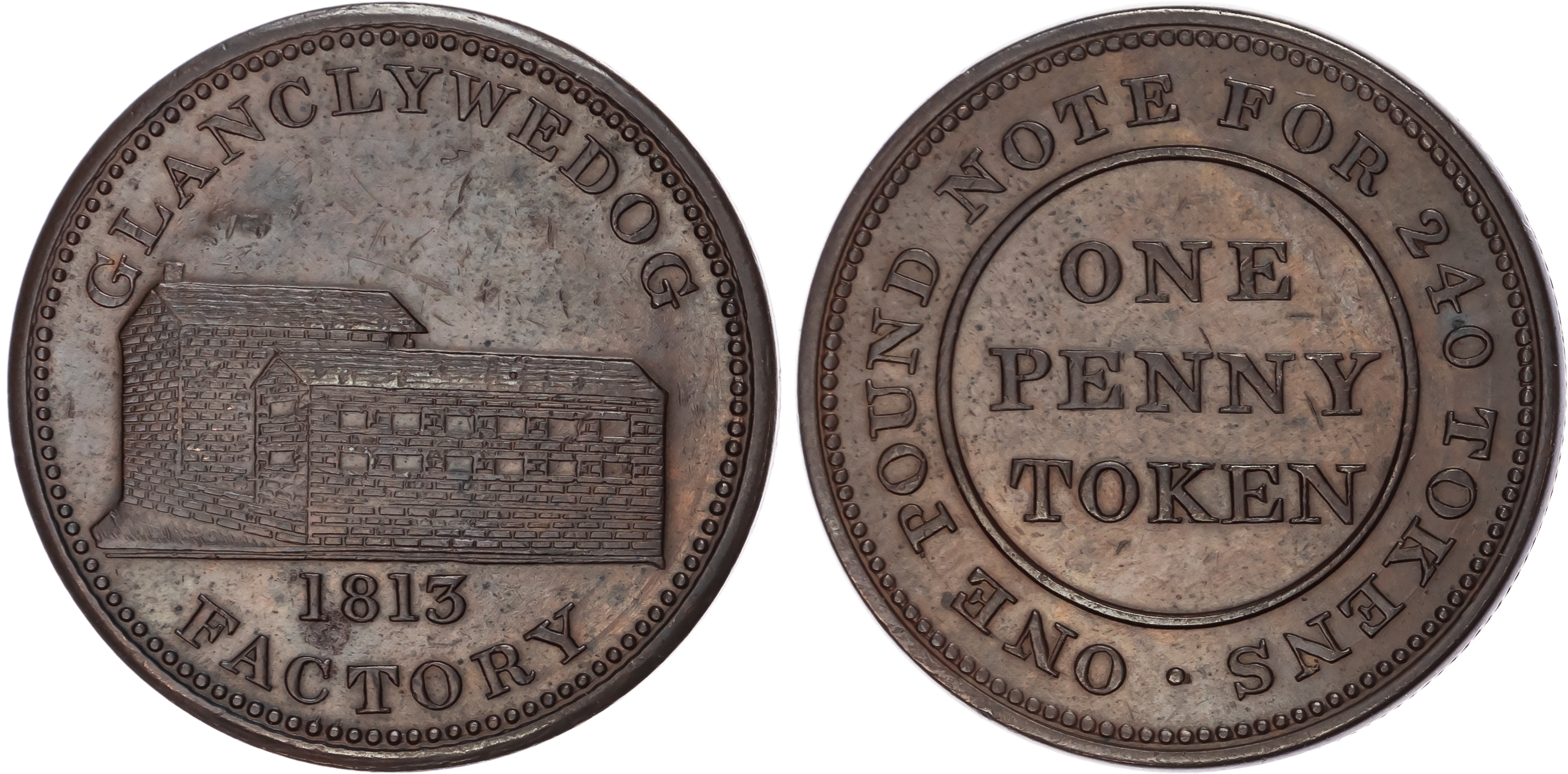 LLANIDLOS, Mont . William Hunt of the Glanclywedog Factory (flannel manufacture) Penny 1813, View of the facto…