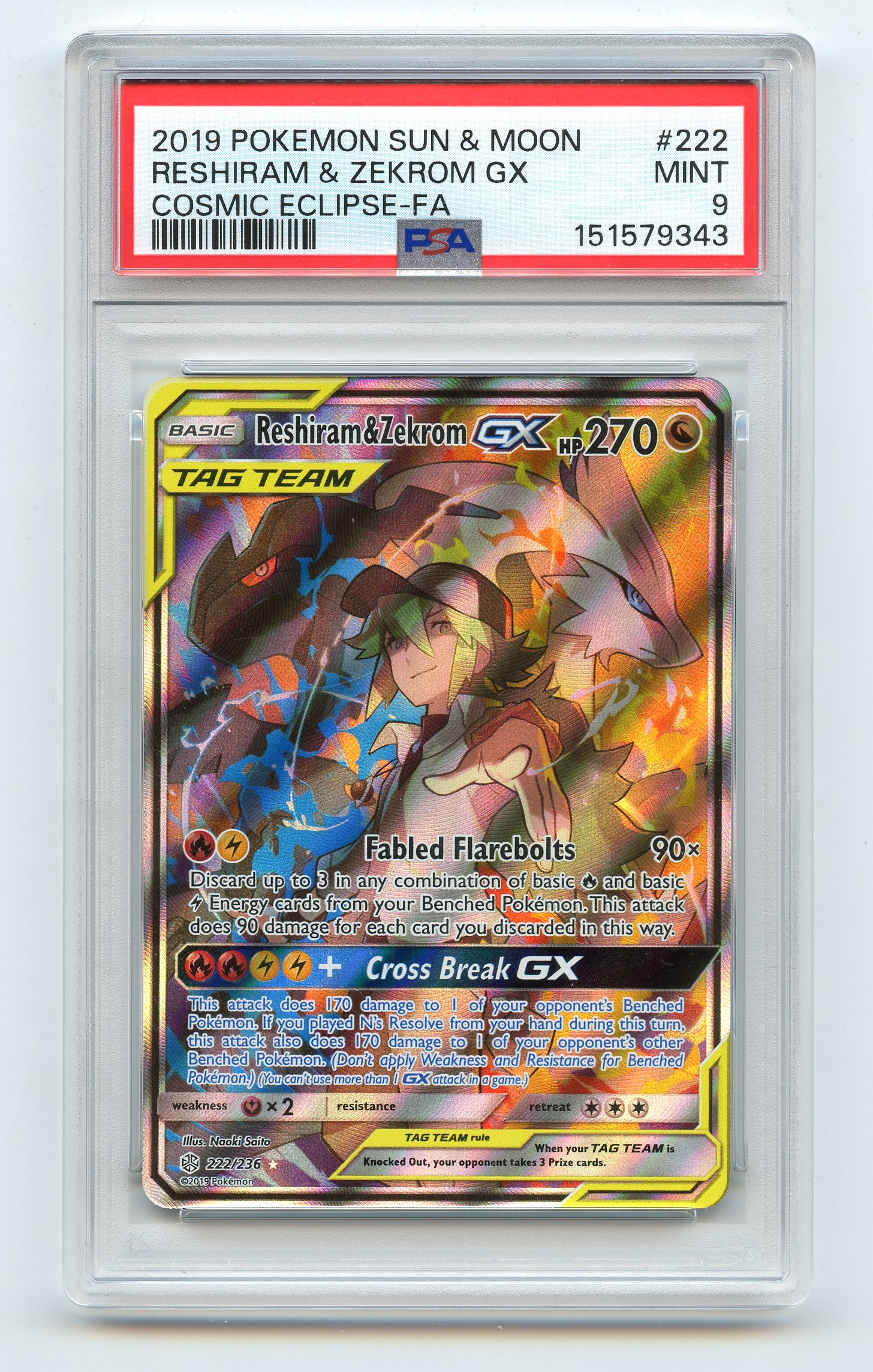PSA 9 Reshiram & Zekrom GX Tag Team #222 Full Art - Cosmic Eclipse