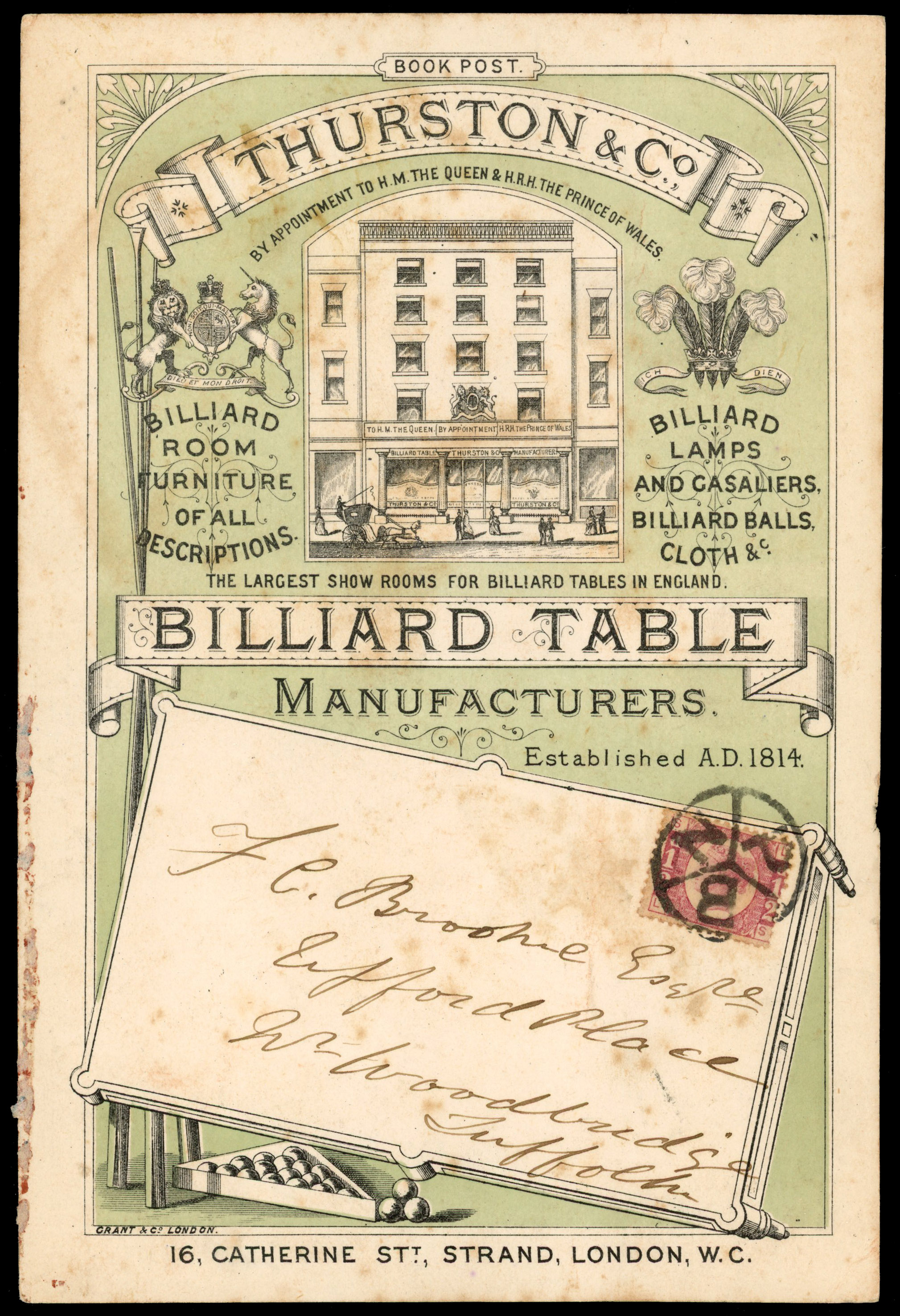 GB c.1870 illustrated book postcard advertising a Billiard Table Manufacturer
