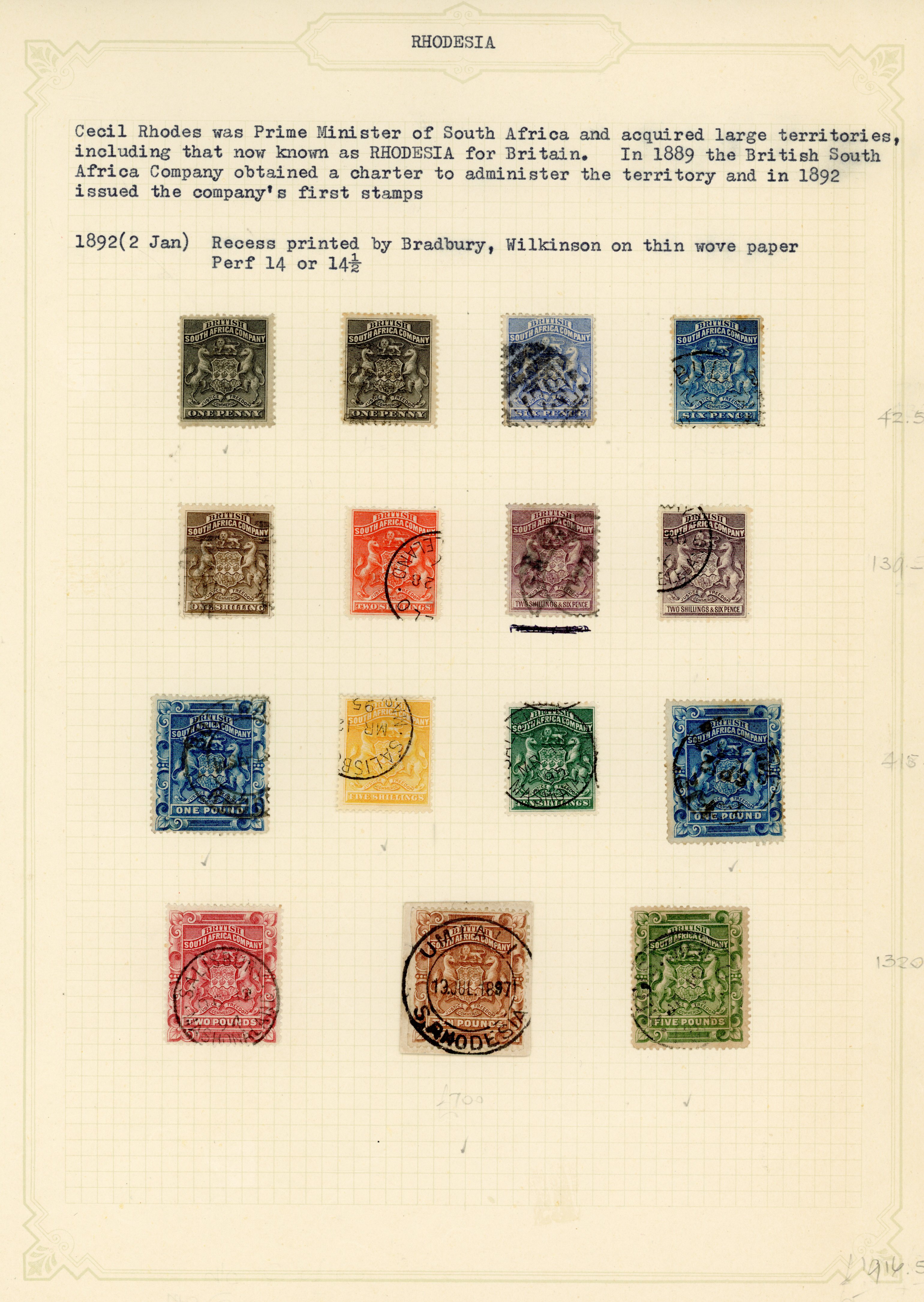 RHODESIA: 1892-1909 used collection, on album leaves including 1892 to  £10, 8d on 1s, 1892-94 to 4s, 1896 to 1s,  