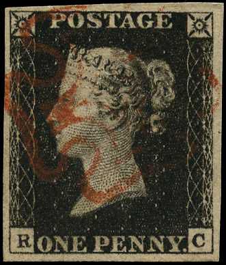 1840 1d black Plate 7 (RC) four clear...