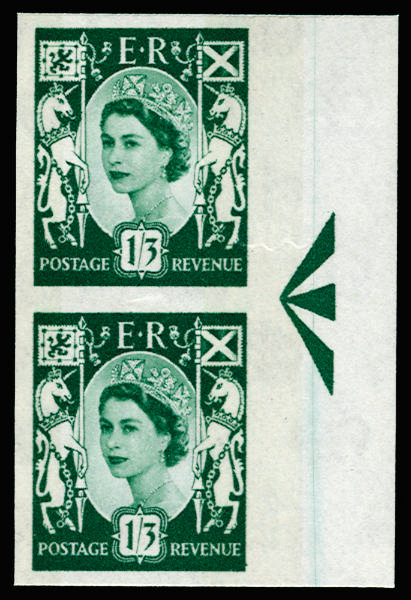 GB 1963 1s3d Green (Scotland, Two phosphor bands). Superb unmounted o.g right hand marginal vertical pa… SGS5p var