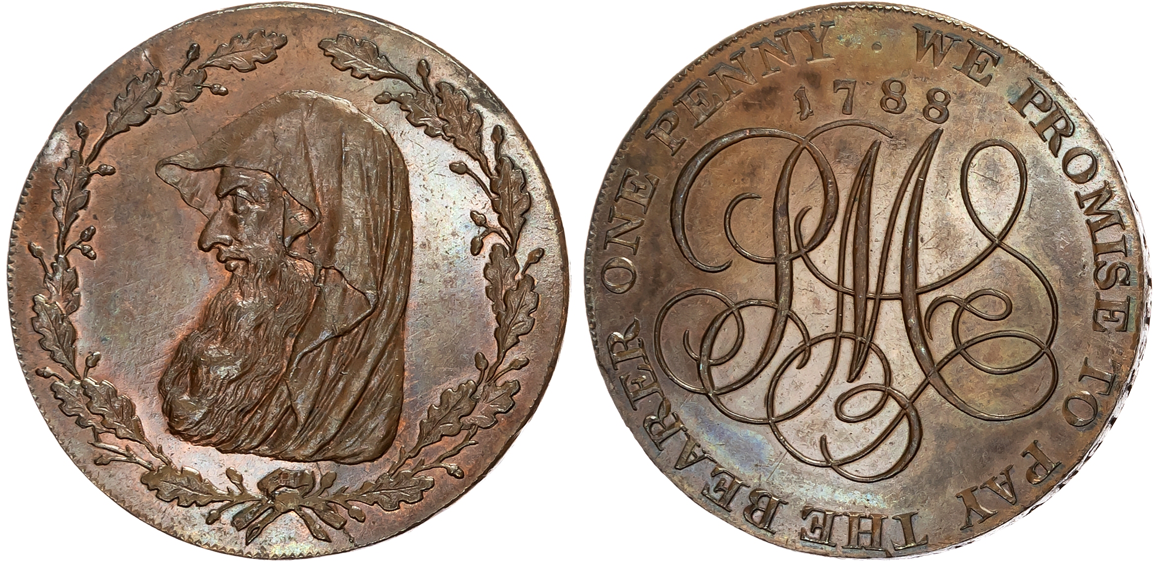 Ang.  Amlwch, Contemporary counterfeit  Parys Mines Co. Penny 1788, Cowled druid’s head within a thin oaken wreath with  …