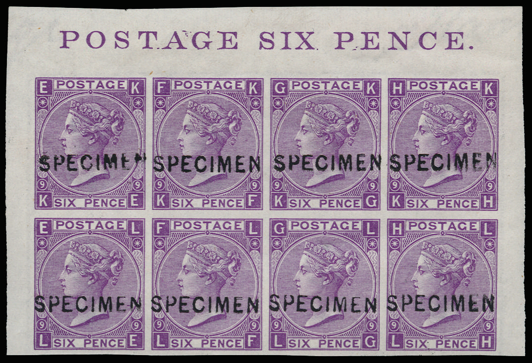 Great Britain 1870 6d Mauve Pl.9. Very fine unused o.g. top marginal imperforate wing margin block of eight letter…