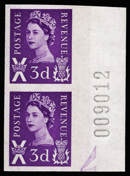 GB 1963 3d Deep Lilac (Scotland,Two phosphor bands). Superb unmounted o.g right hand vertical pair of i… SGS1p var