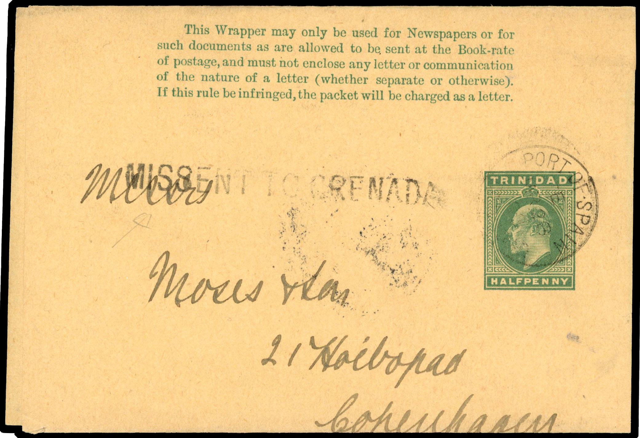 GRENADA: 1904 ½d Trinidad stationery wrapper to Copenhagen, Denmark cancelled ‘PORT OF SPAIN /MR 28 1904’ cds