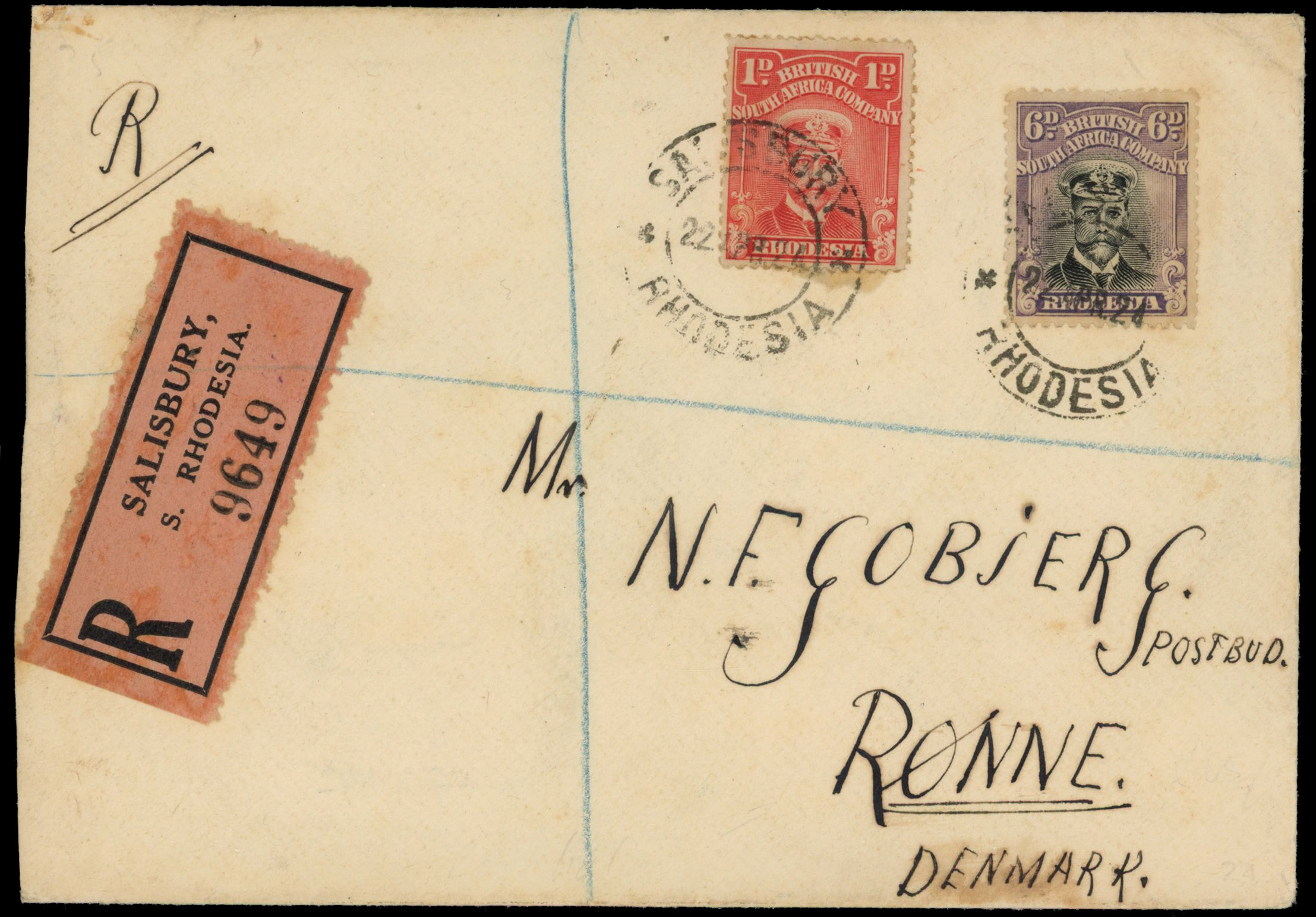 Rhodesia 1924 registered cover to Denmark with Admiral 1d and 6d