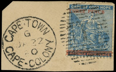 1879 3d on 4d blue, PENCB for PENCE, used on piece with complete Cape Town duplex of JA 22, very fine.  SG 34a,...