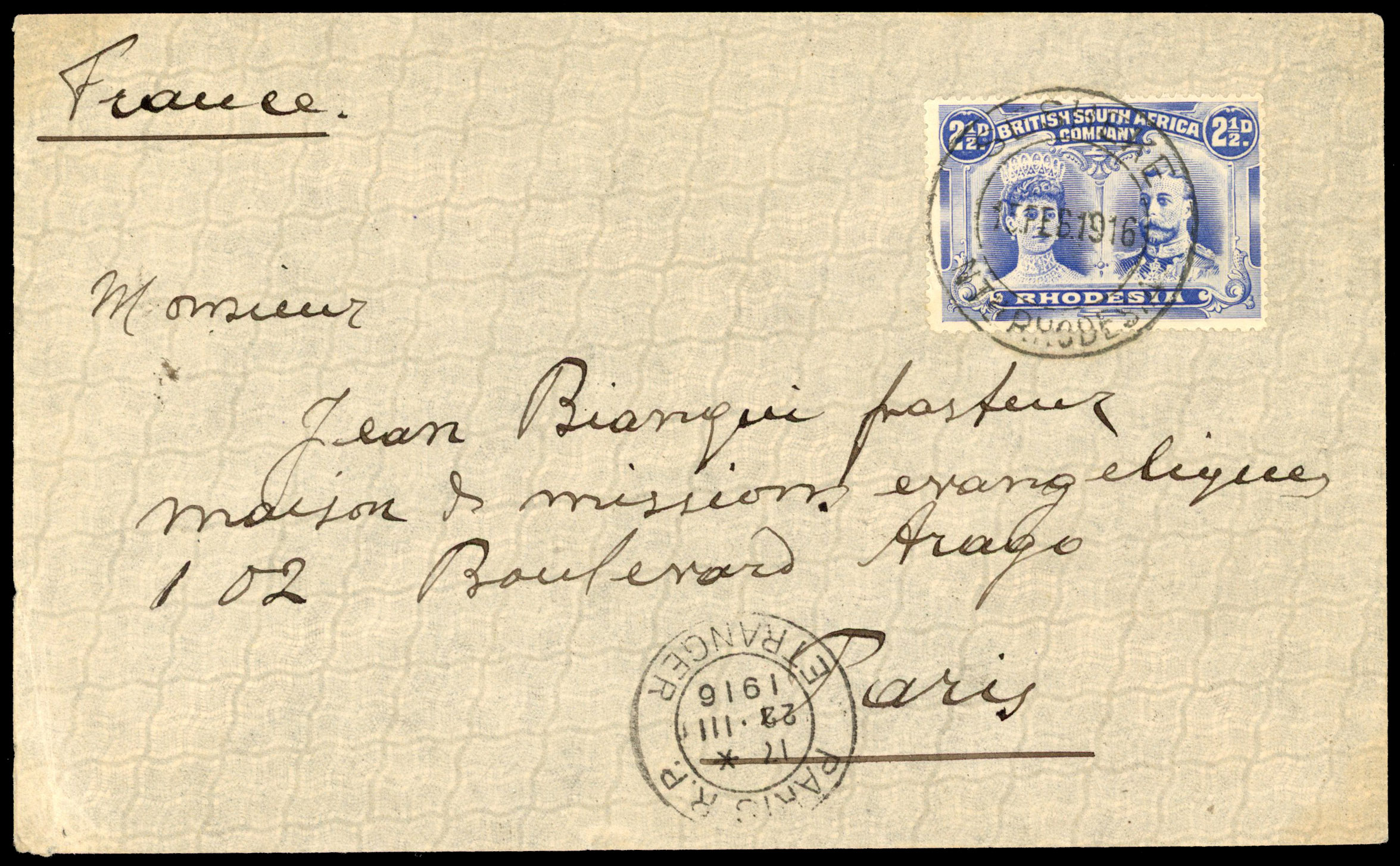 2½d ultramarine on envelope to Paris, Sesheke DC 15 FEB 1916