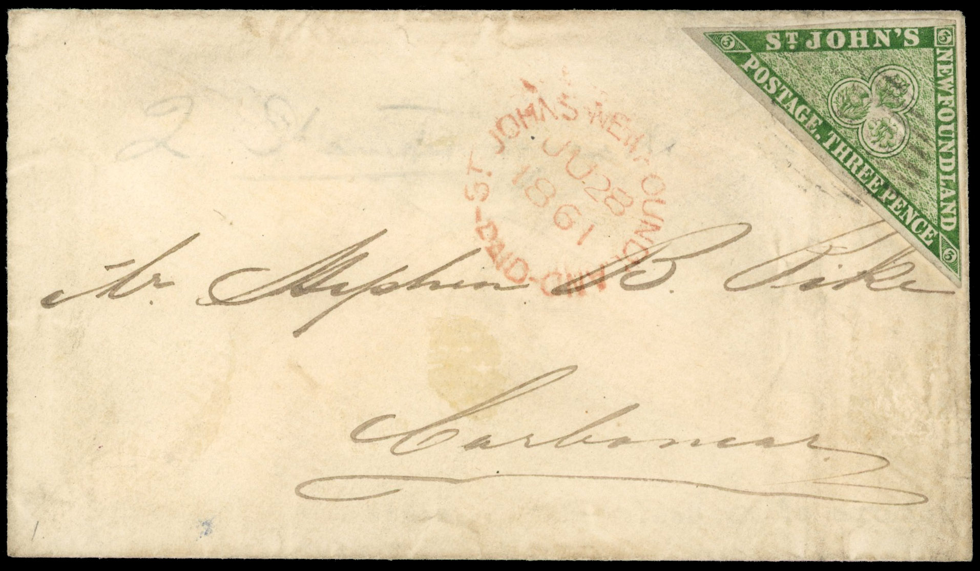 Newfoundland SG 3 on local cover to Carbonear