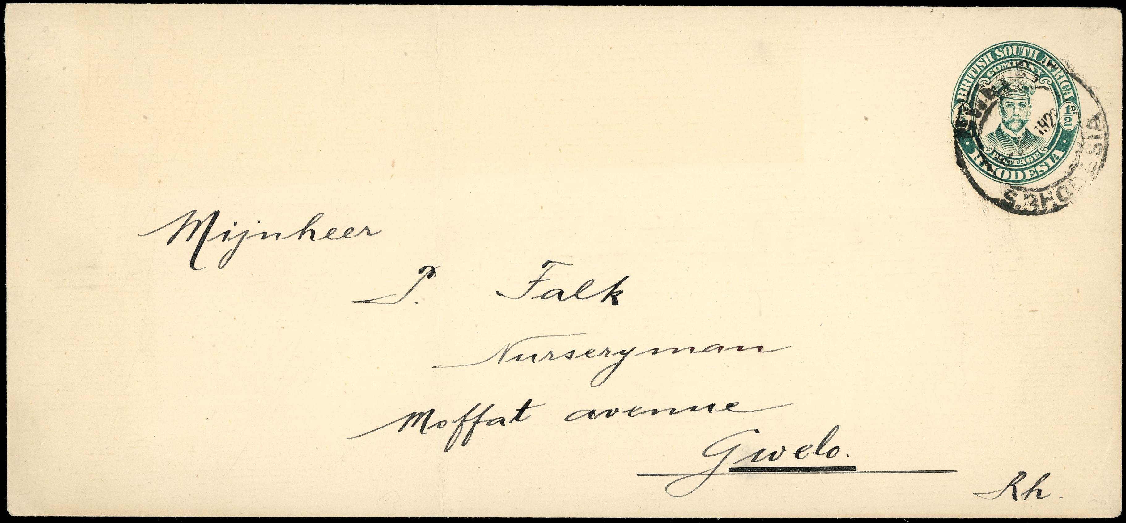 1923 ½d green "Admiral" envelope used locally from Gwelo