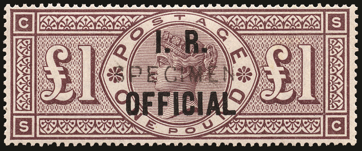 SGO12s 1890 £1 Brown-lilac (I.R. Official, Wmk. Orbs) Specimen