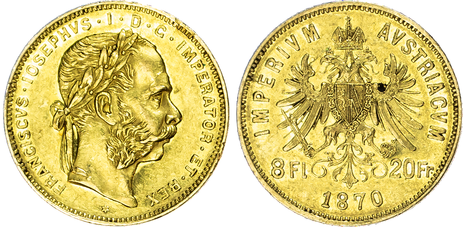Austria, Empire, Franz Joseph I (1848-1916), gold 20 Francs / 8 Florin, 1870, key date, 6.43g (KM 2269)….