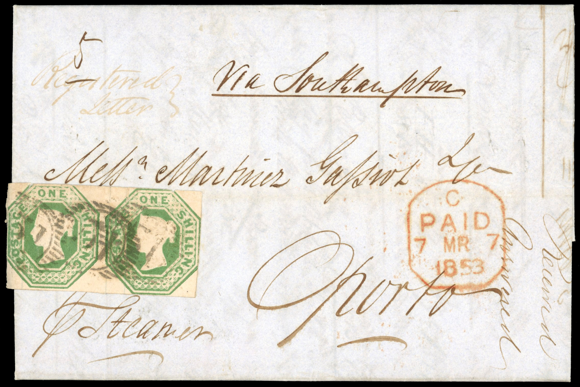 GB 1853 (7 March) registered cover from London to Oporto bearing 1847–54 1s green strip of four