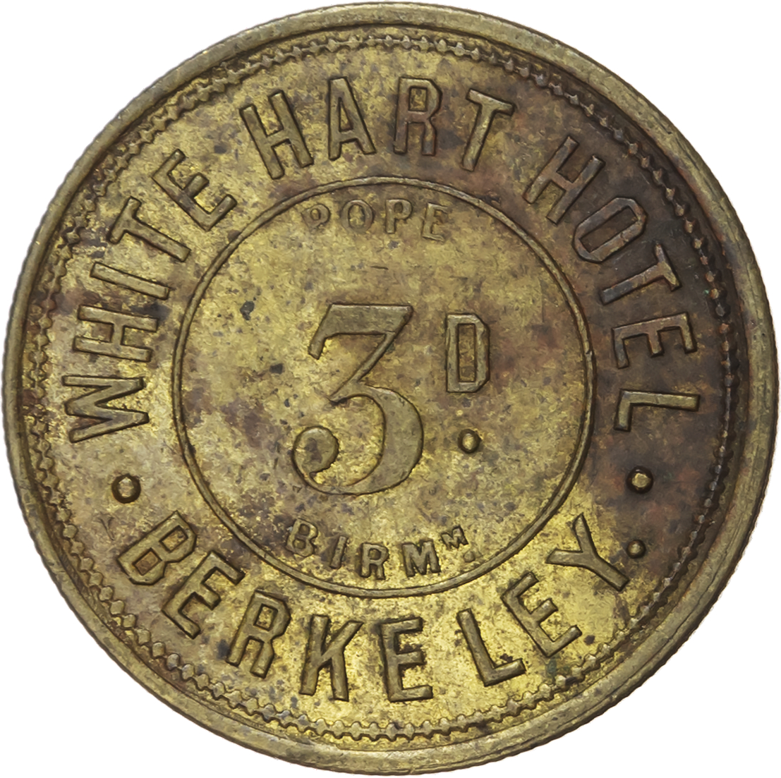 Lot of 5 coins - Glos. Berkeley, White Hart Hotel 3d., 27mm. Edmund Pickard. (Pope), gVF; Charlton Kings, New Inn 3d....