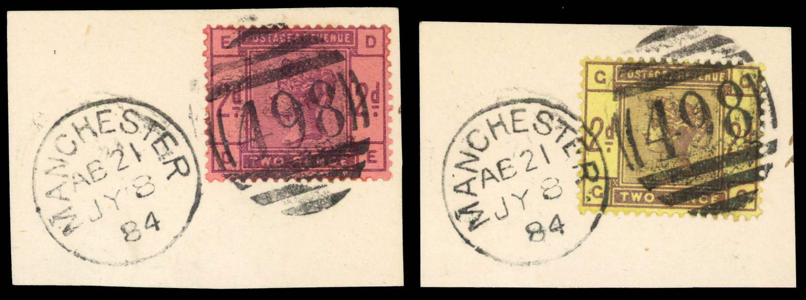 1884 2d Colour trials for “Coloured paper scheme”. two examples on piece