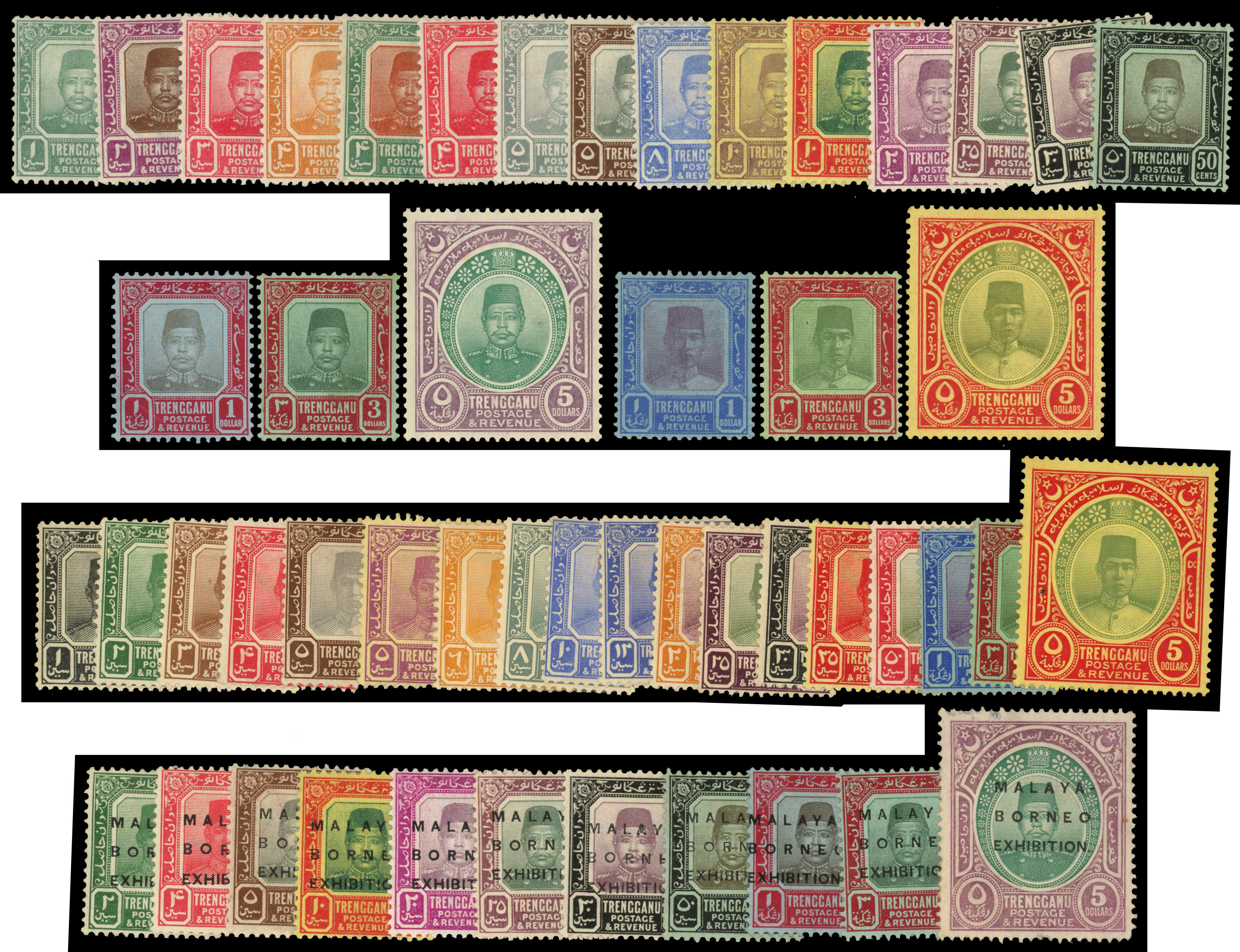 Malaya Trengganu: Mint on cards including 1910 to $5 1921 to $5 (both), 1922 Borneo Exhibition to $5, good to fine. (50) 