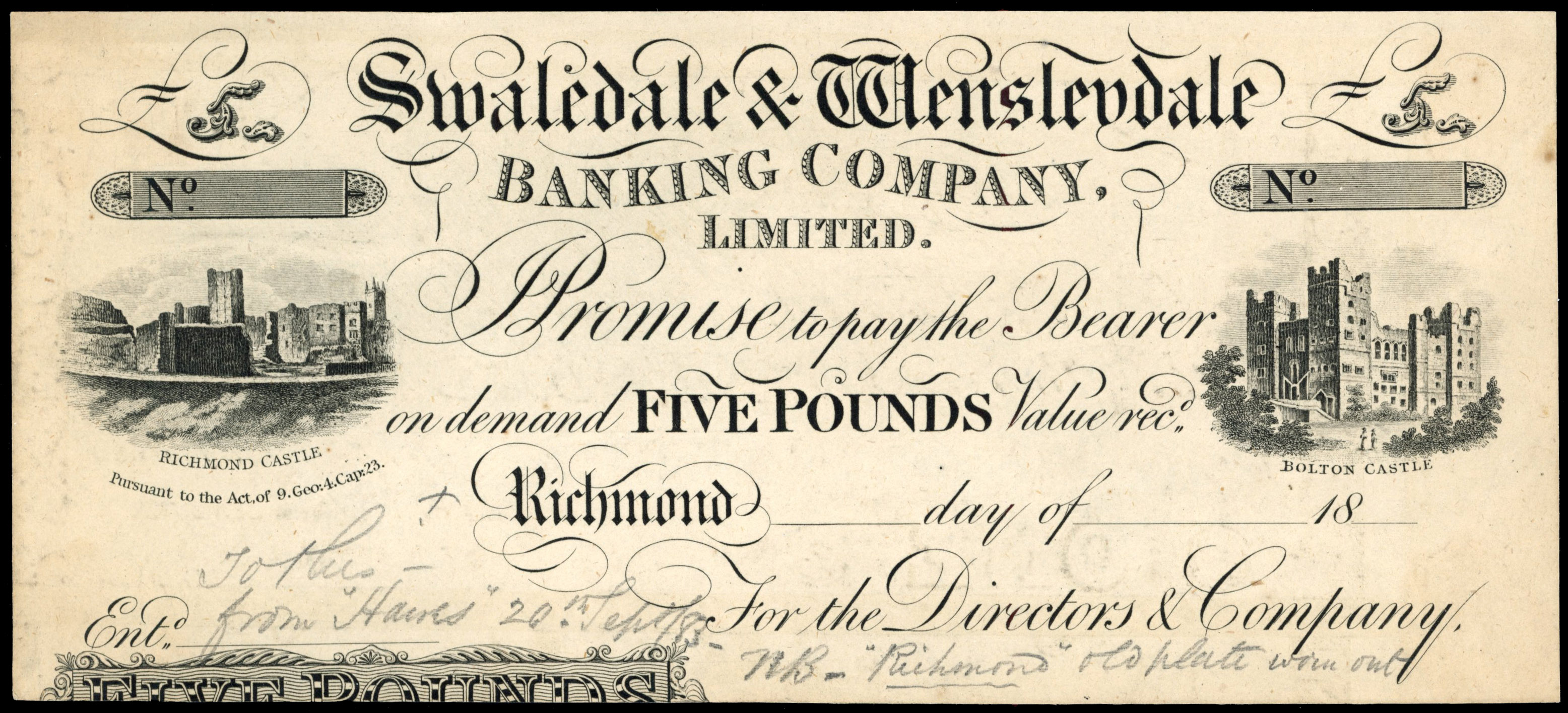 HAWES, Swaledale & Wensleydale Banking Company Limited, PROOF £5.,(1883) no signatures or serial numbers, vign…