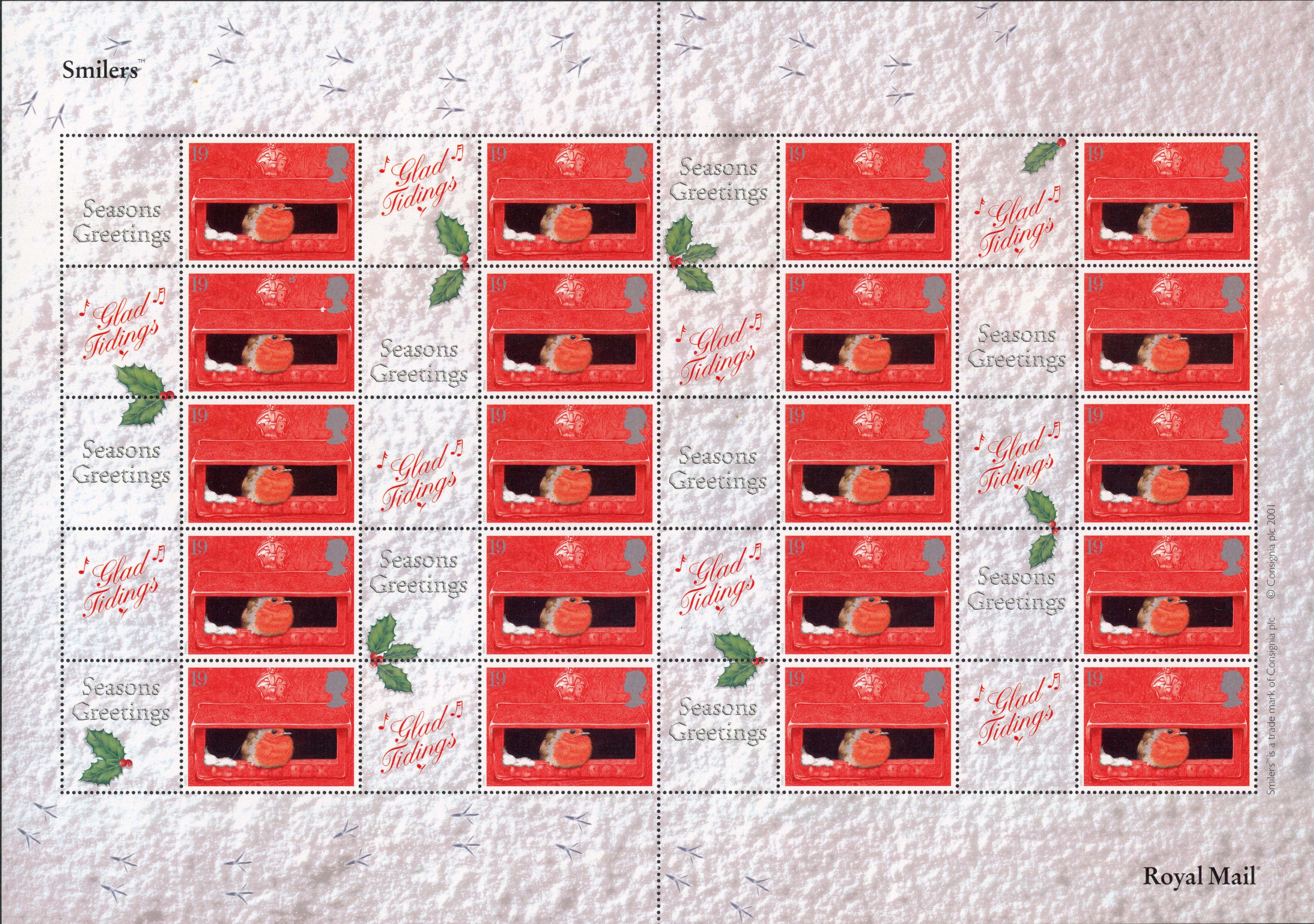 2000 Christmas 19p and 1st class Smilers' sheets with Consignia imprint, fine unmounted o.g. SG LS2a/LS3a
