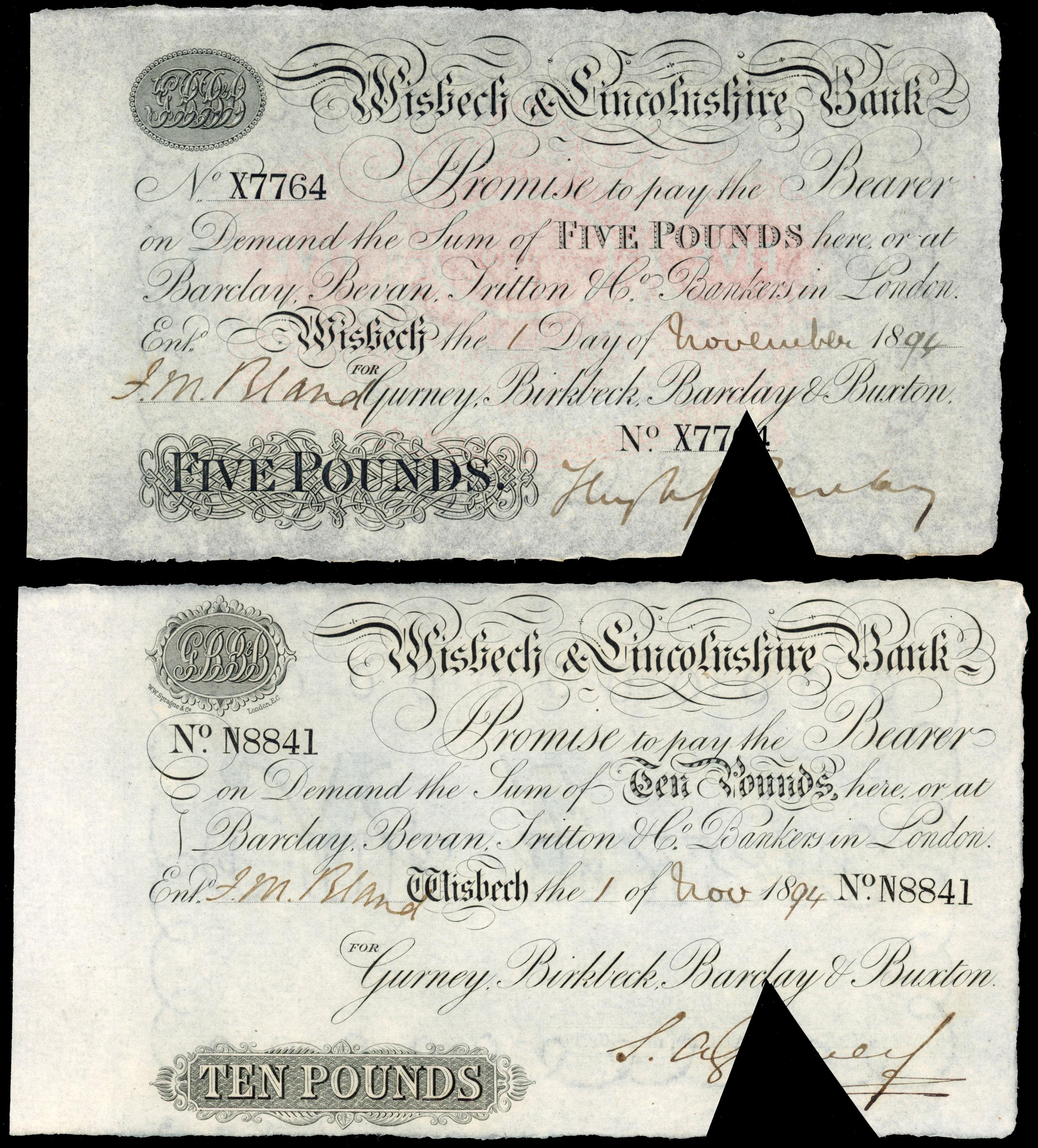 WISBECH, Wisbech & Lincolnshire Bank, for Gurney, Birkbeck, Barclay & Buxton, Cut-cancelled £5.,1 November 189…