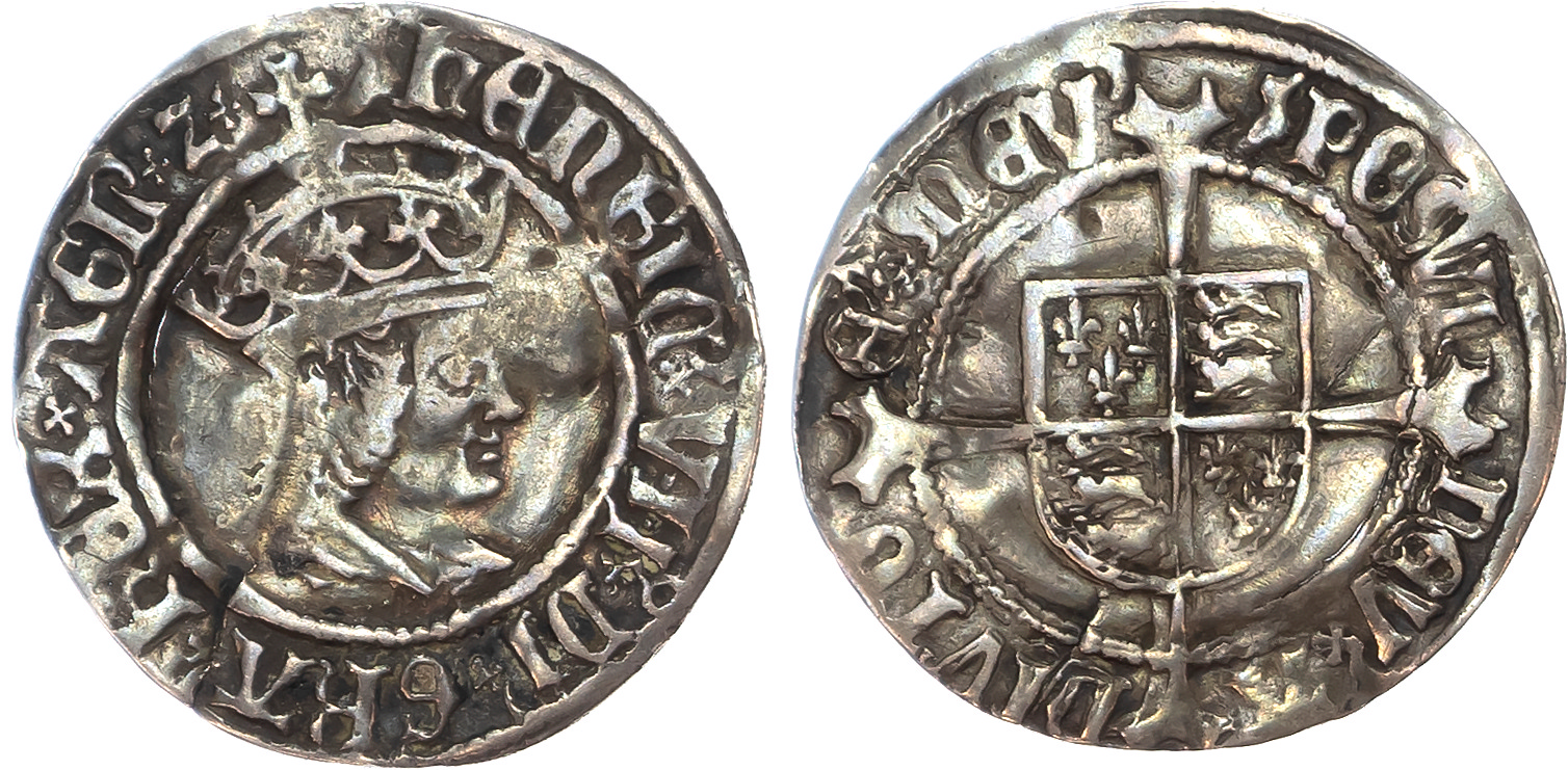 Henry VII (1485-1509) Halfgroat, profile issue, Canterbury mint, mintmark martlet (1502-09) both sides.