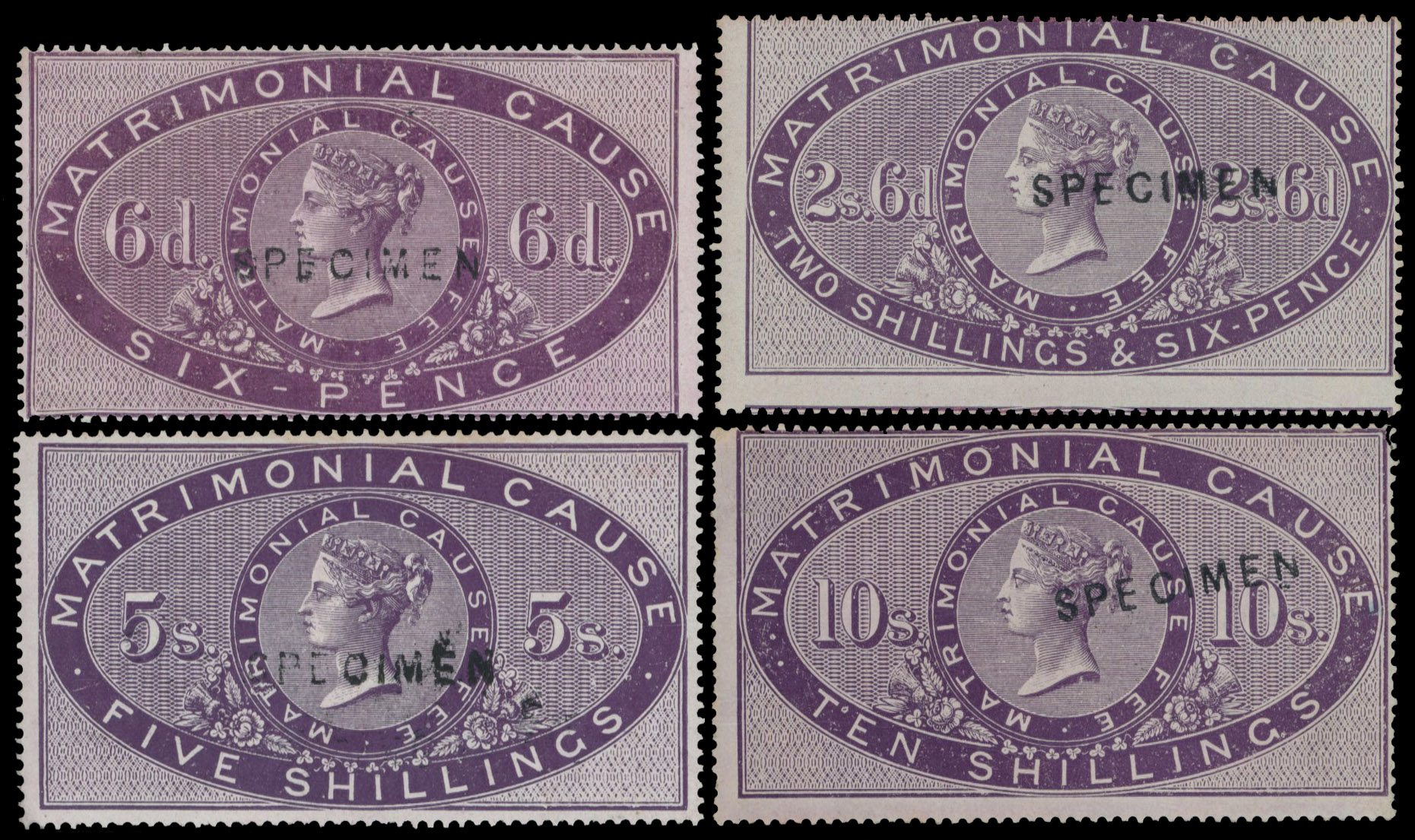 GB. Matrimonial Cause. 1858 6d, 2s6d, 5s and 10s lilac overprinted SPECIMEN