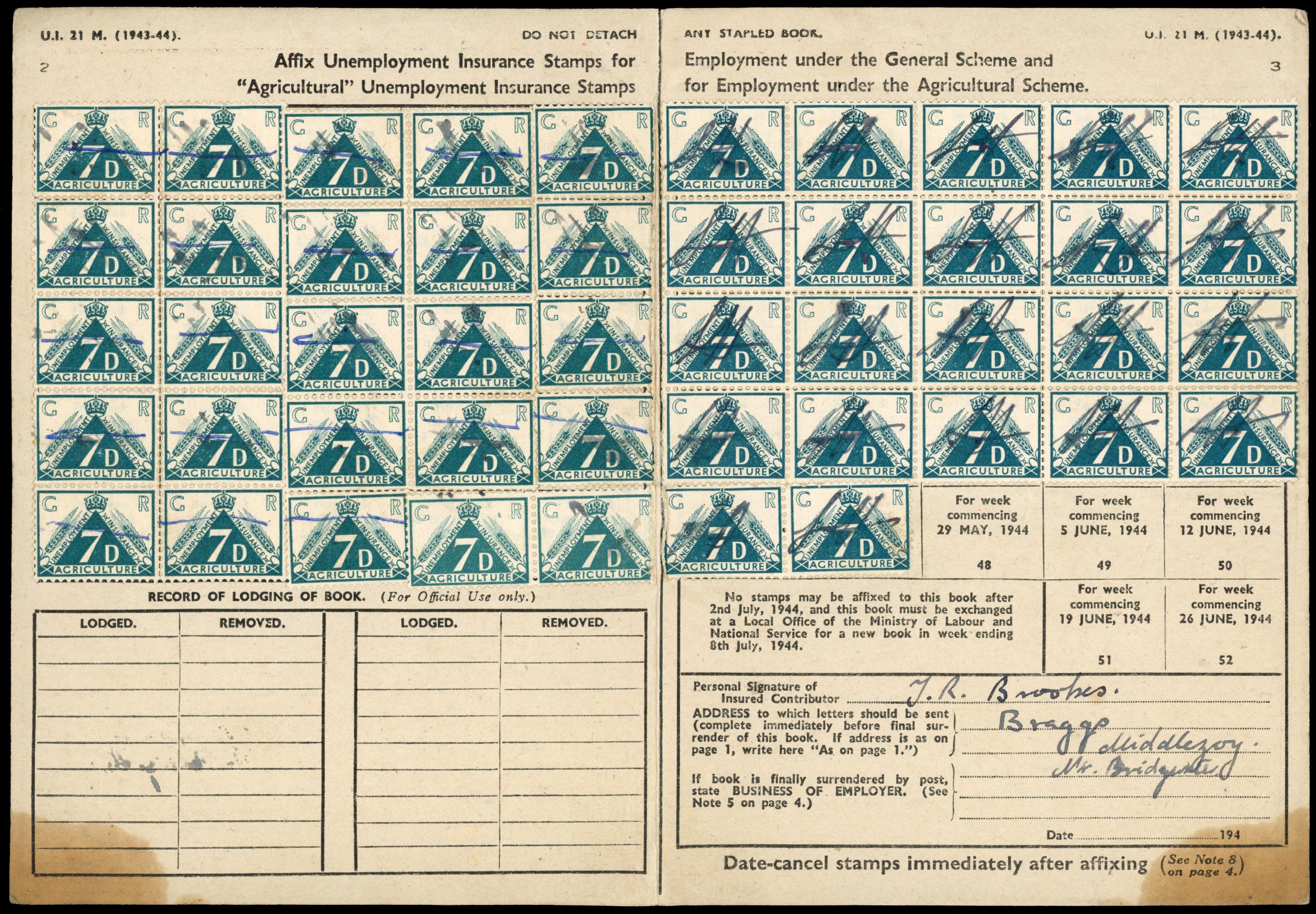 GB Agricultural Unemployment Insurance 1943-4 Contribution card