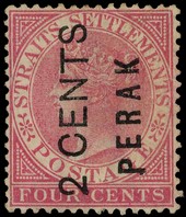 1883 2c on 4c rose overprinted PERAK Type 9 and surcharged 2 CENTS Type 13, unused without gum.  SG 16,...