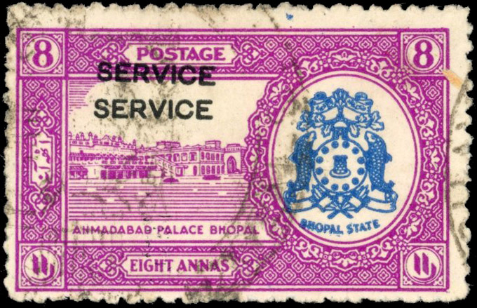 I.F.S. Bhopal SG O340c 1938 8a overprint double used