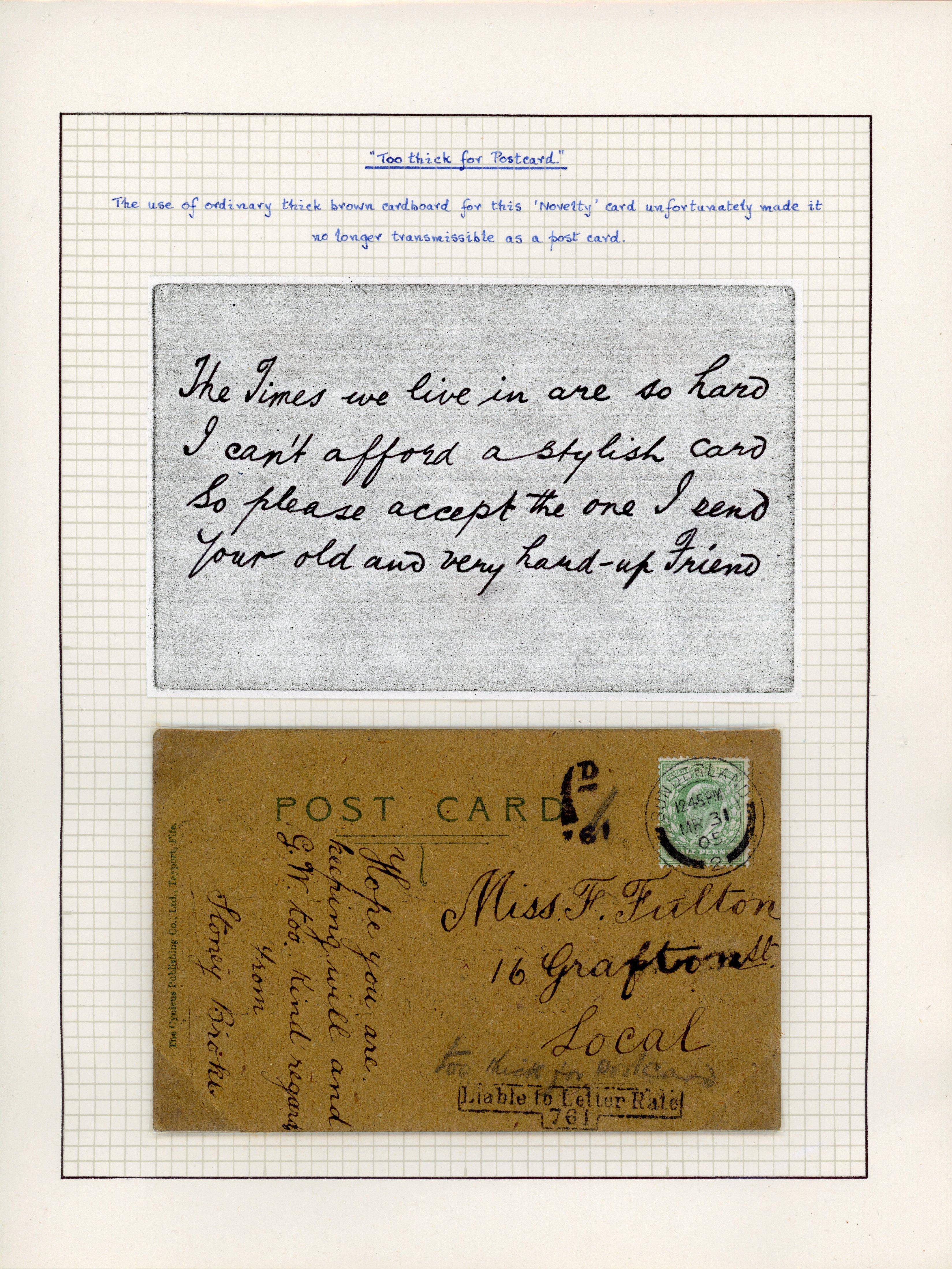 Great Britain 1905 novelty thick postcard and Liable to Letter Rate