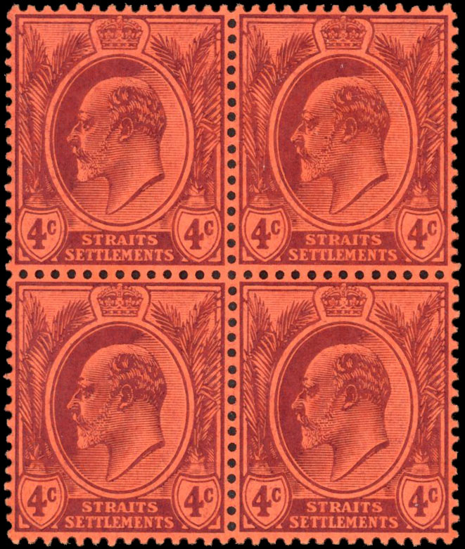 Malaya - Straits 1904-10 4c purple on red paper, inverted watermark block of four, SG 129aw