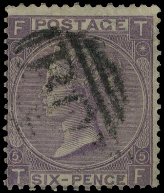 1865 6d Lilac Pl.5. Fine used example lettered TF showing watermark variety W20b ‘Three roses and a thistle’, cancelled …