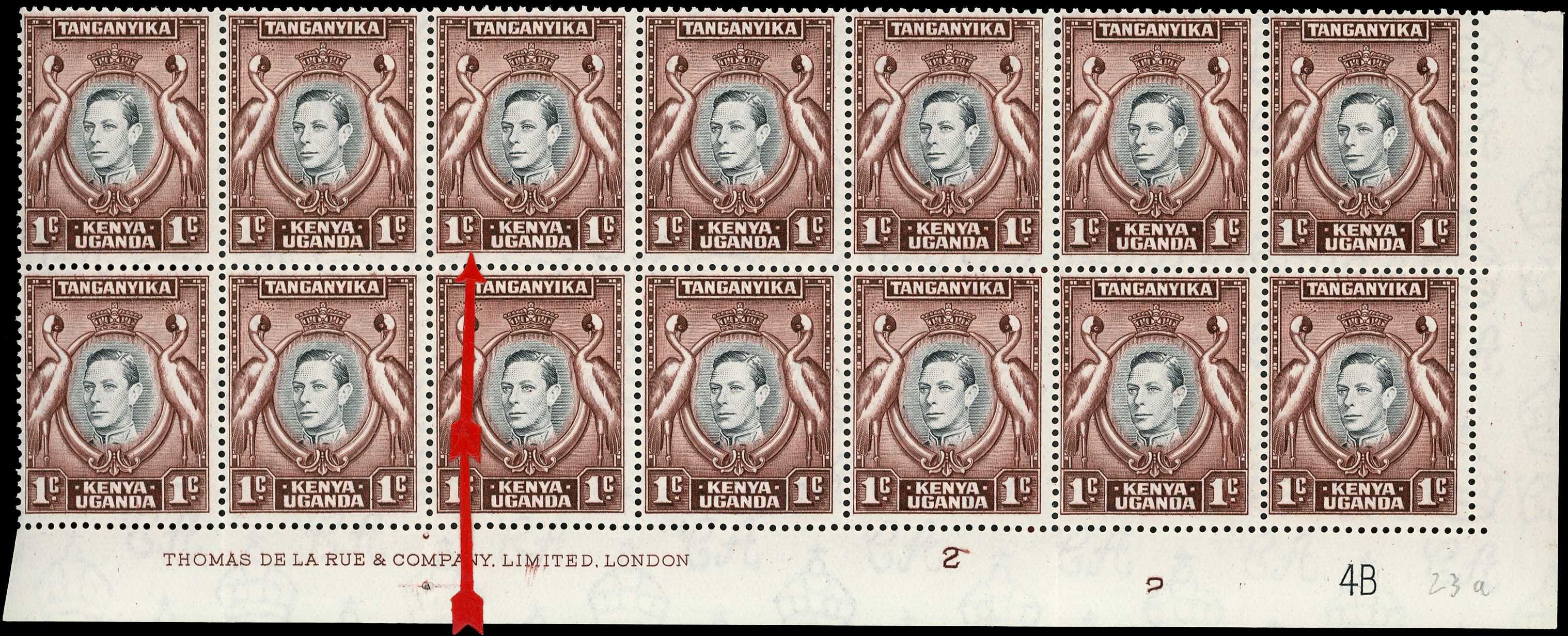 1942-51 1c black and chocolate-brown Plate 2-(2)-4B and imprint block of fourteen , unmounted o.g.  R9/6 retouched value...