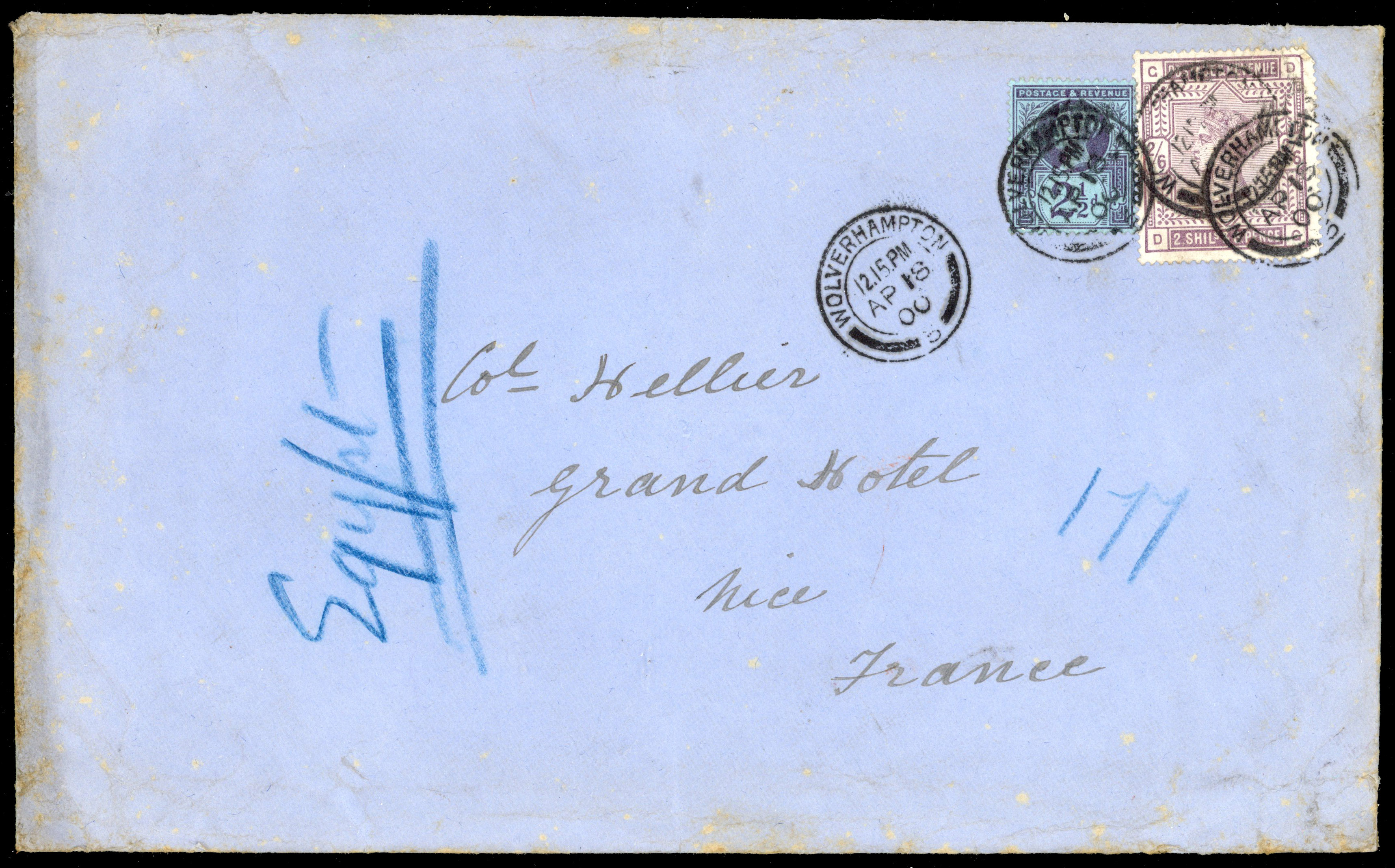 1900 Overseas Mail 2s6d on cover to Nice