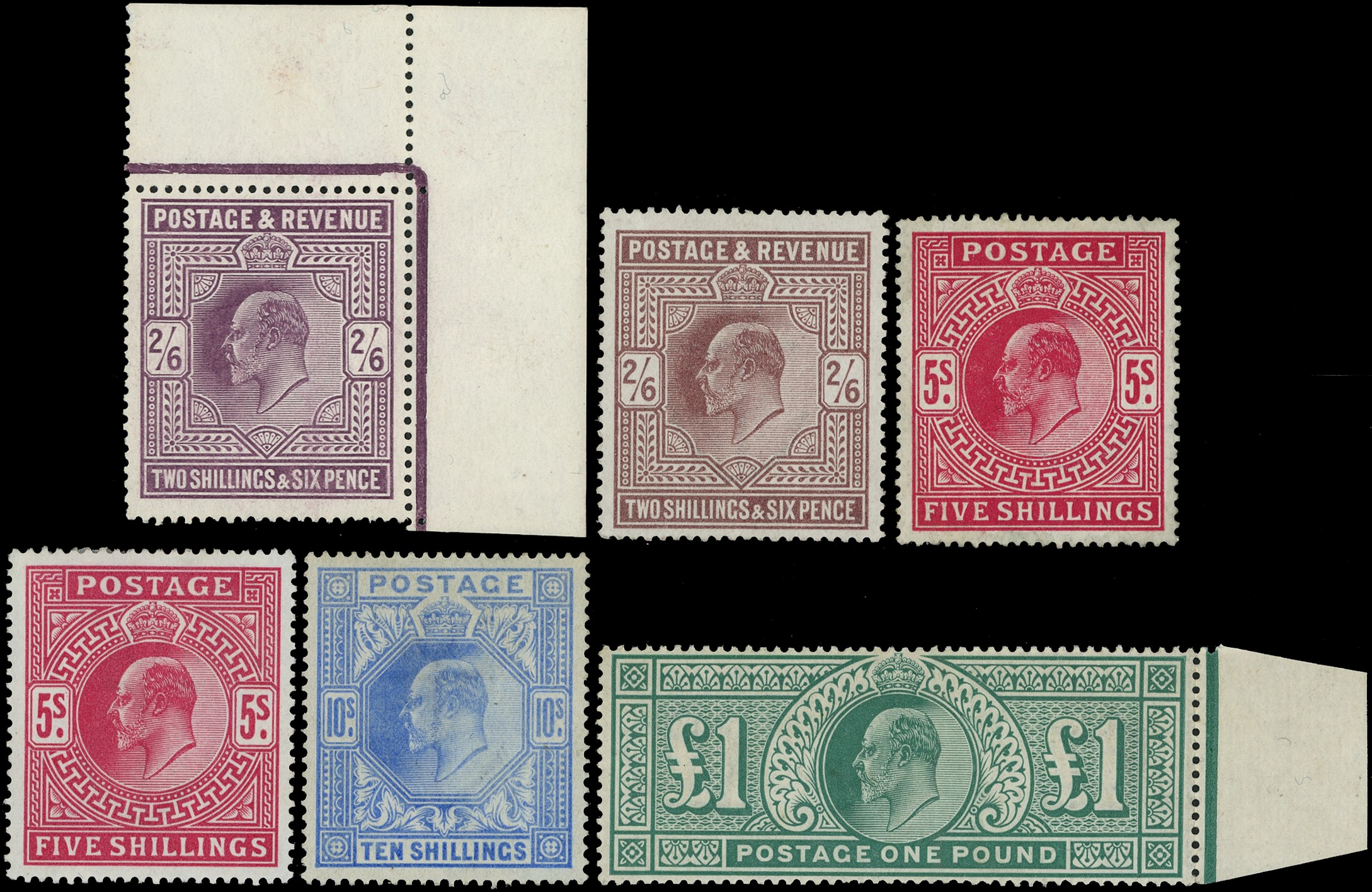 KEVII mint selection comprising 1902-10 2s6d dull purple, 2s6d N/E corner marginal single ...