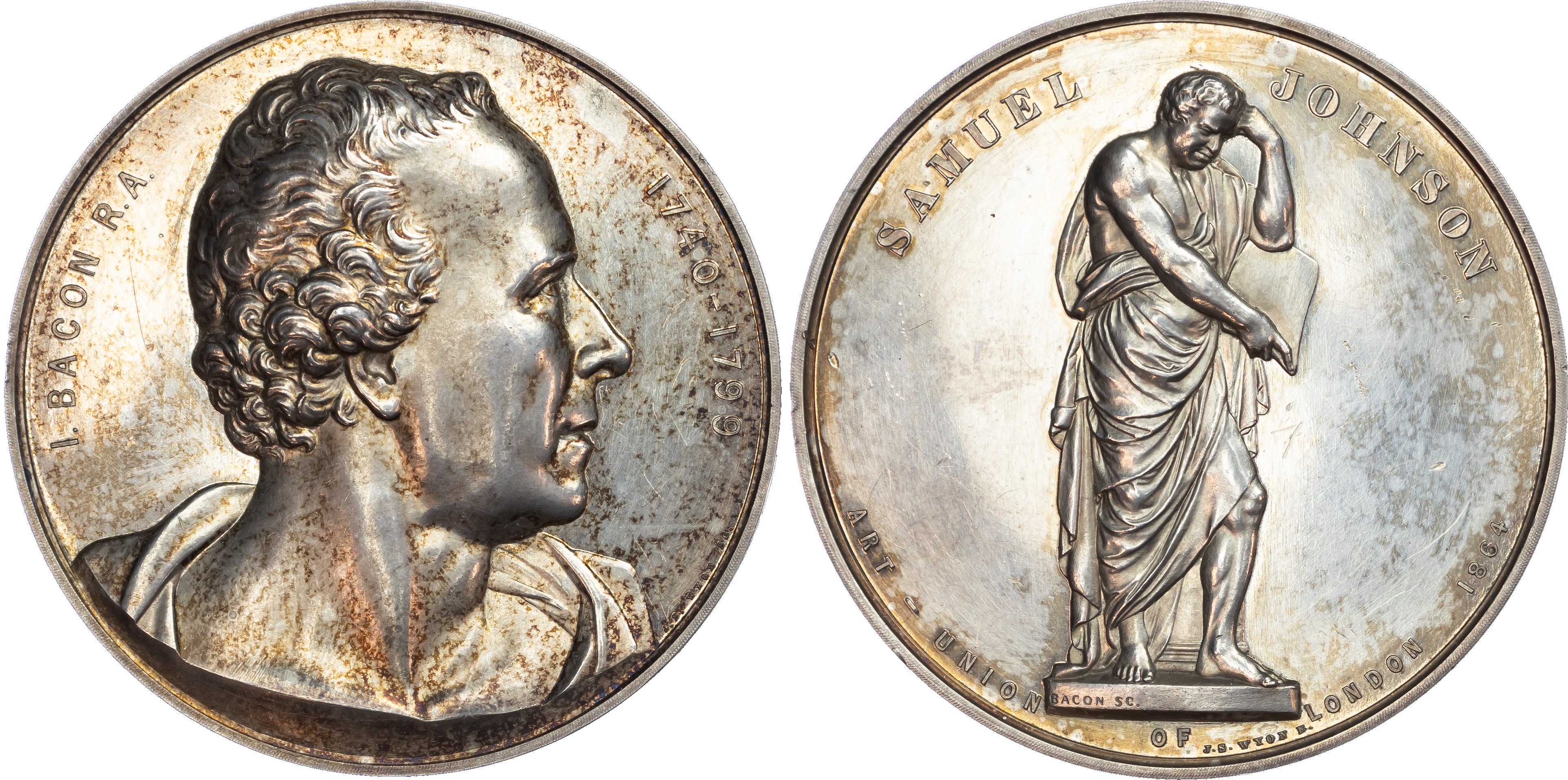 John Bacon (1740‑1799), sculptor, silver medal (55mm/87.17gm) 1864 by J. S. Wyon for the Art Union of London Series.