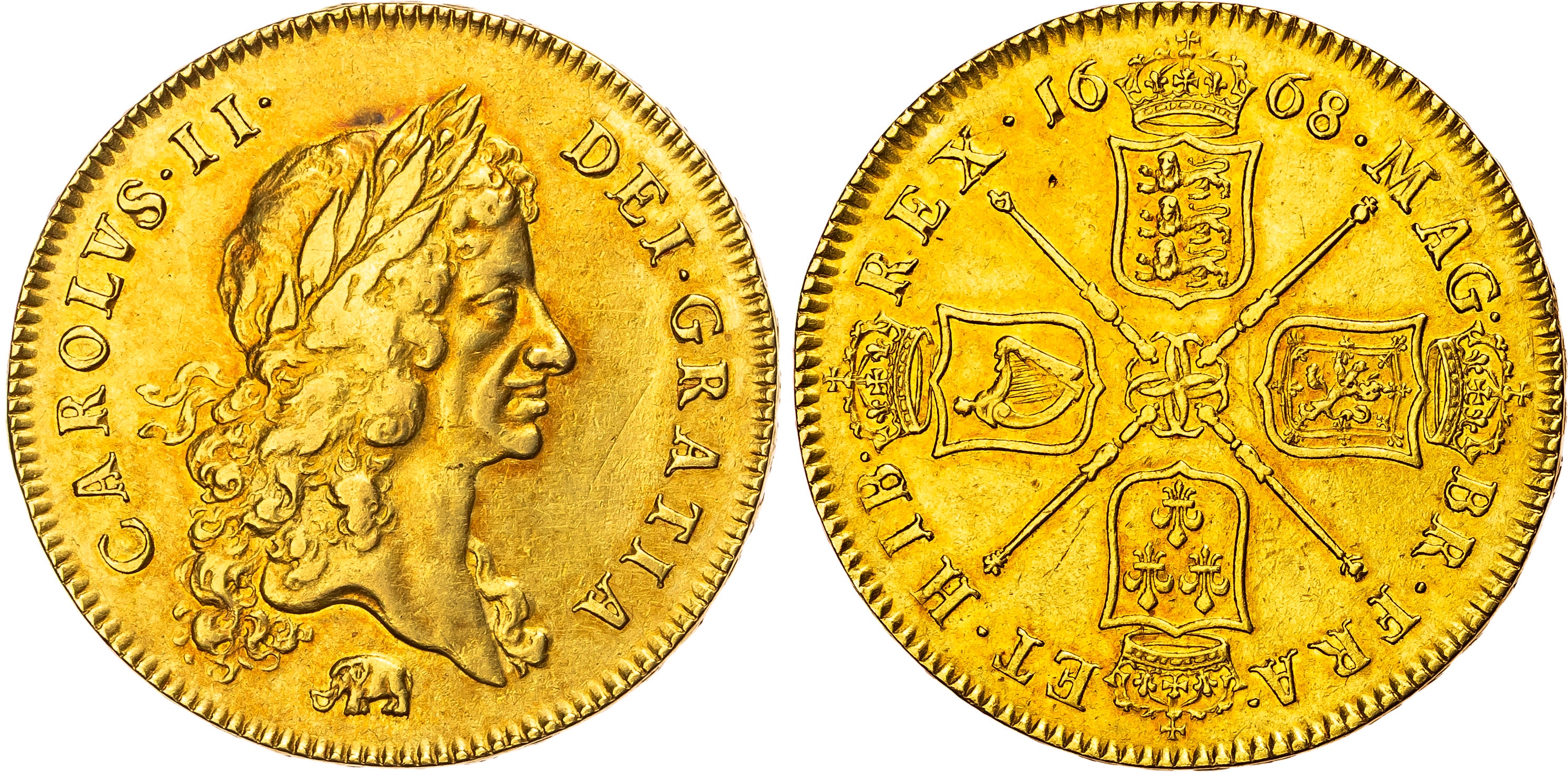 Charles II (1660-1685), Five-Guineas, 1668 VICESIMO, Elephant below.