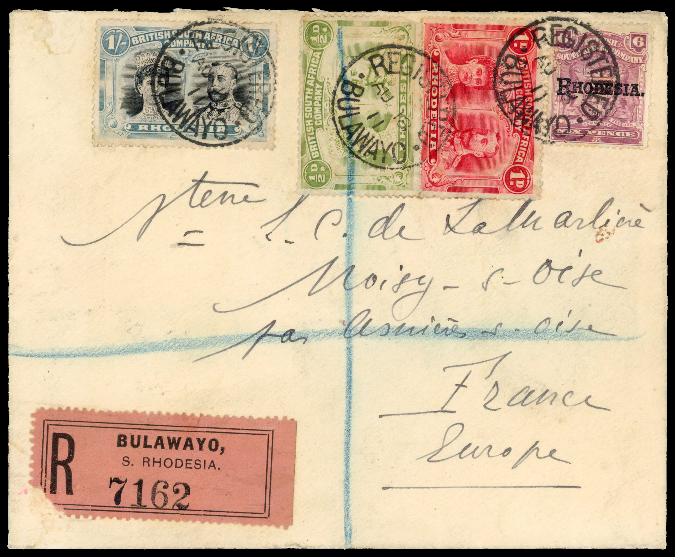 Rhodesia 1911 registered cover from Bulawayo to France