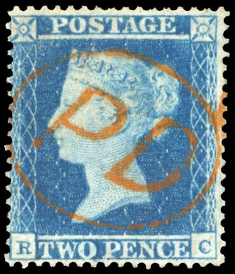 GB 1854 2d blue Plate 4 cancelled superb red 'PD'
