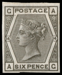 Great Britain 1875 6d Grey Pl.14. Very fine and fresh unused o.g. imperforate imprimatur lettered AG. Very rare, o…